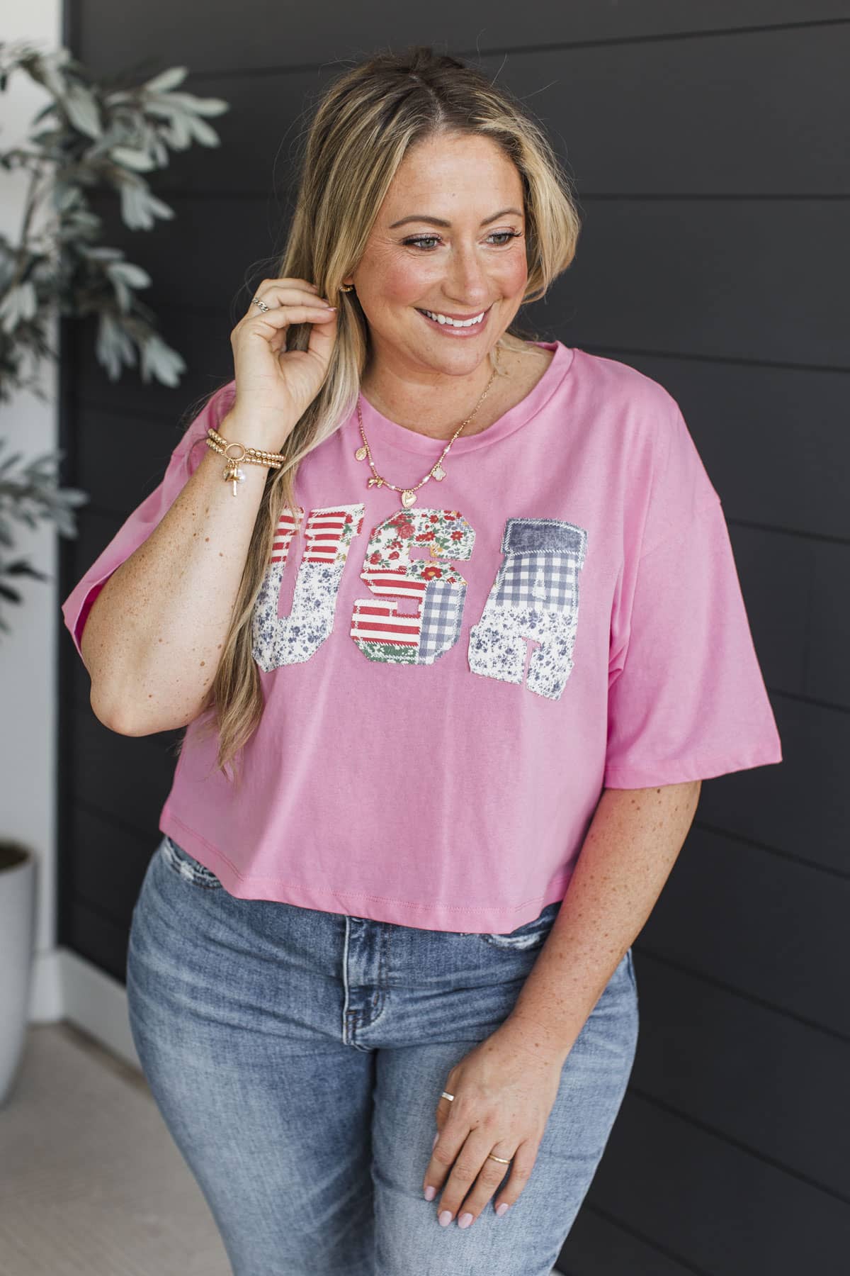 "USA" Appliqué Short Sleeve Top- Pink - Image 4