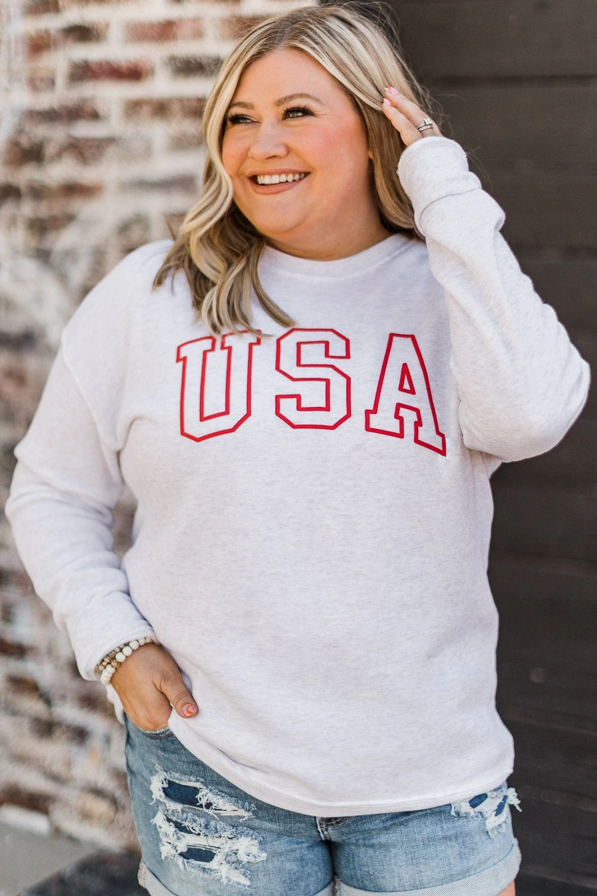 "USA" Crew Neck Pullover- Light Heather Grey - Image 2