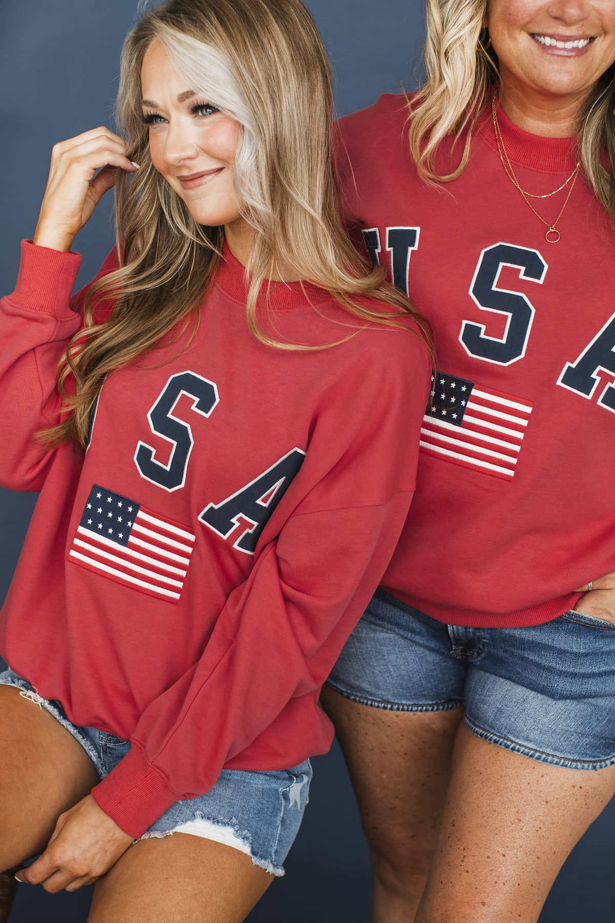 "USA" Embroidered Crew Neck Pullover- Tomato