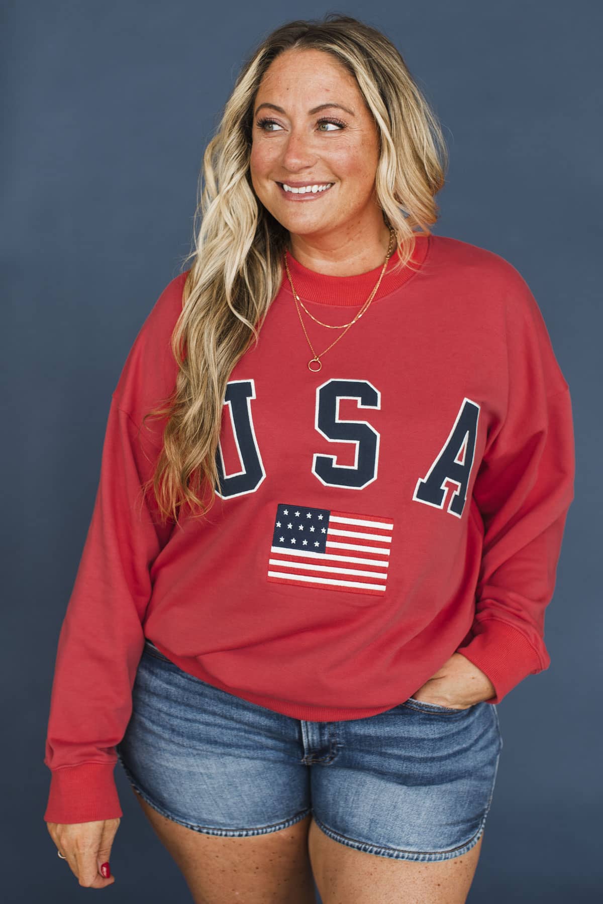 "USA" Embroidered Crew Neck Pullover- Tomato - Image 3