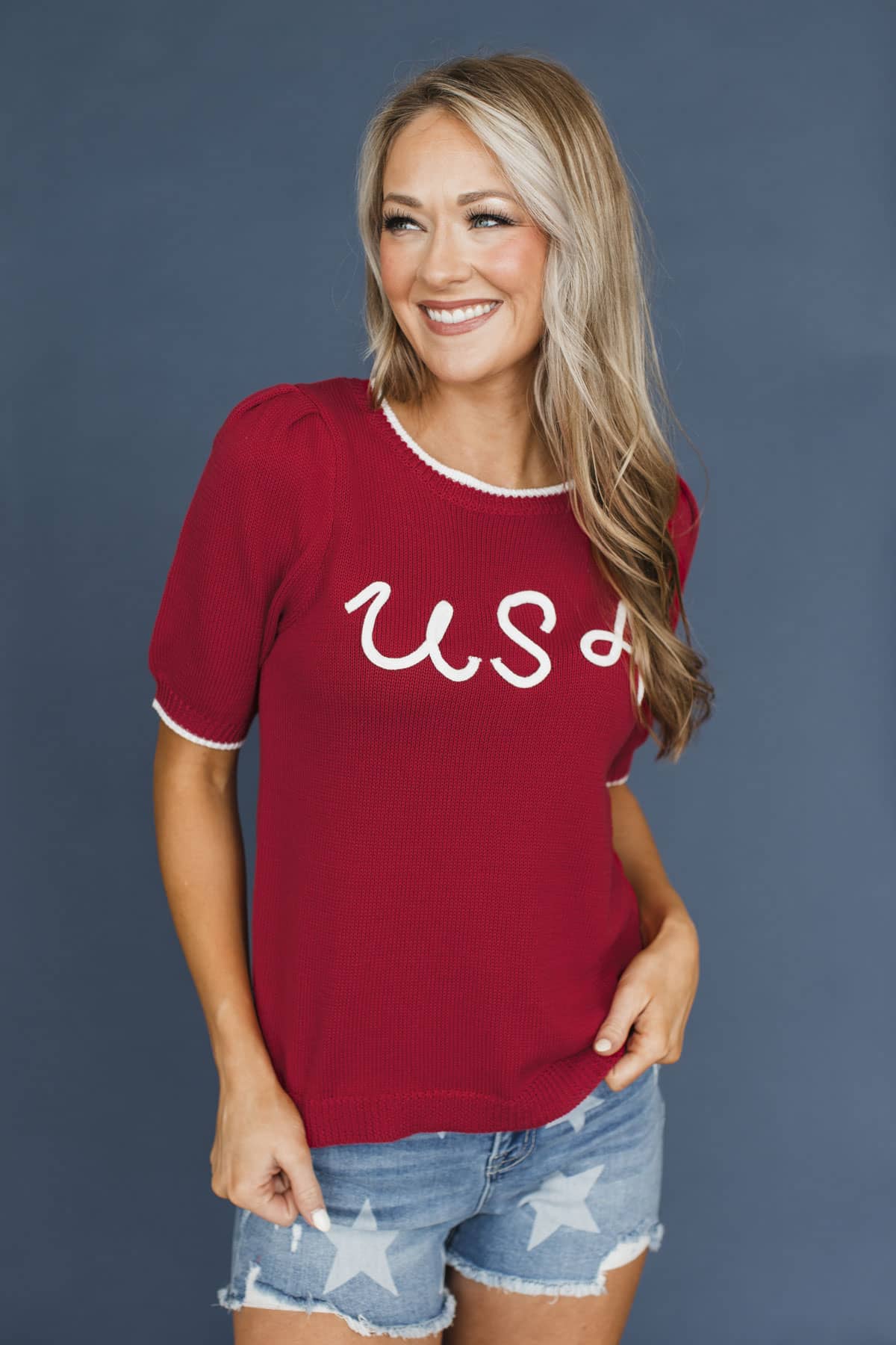 "USA" Embroidered Puff Sleeve Knit Top- Red - Image 4