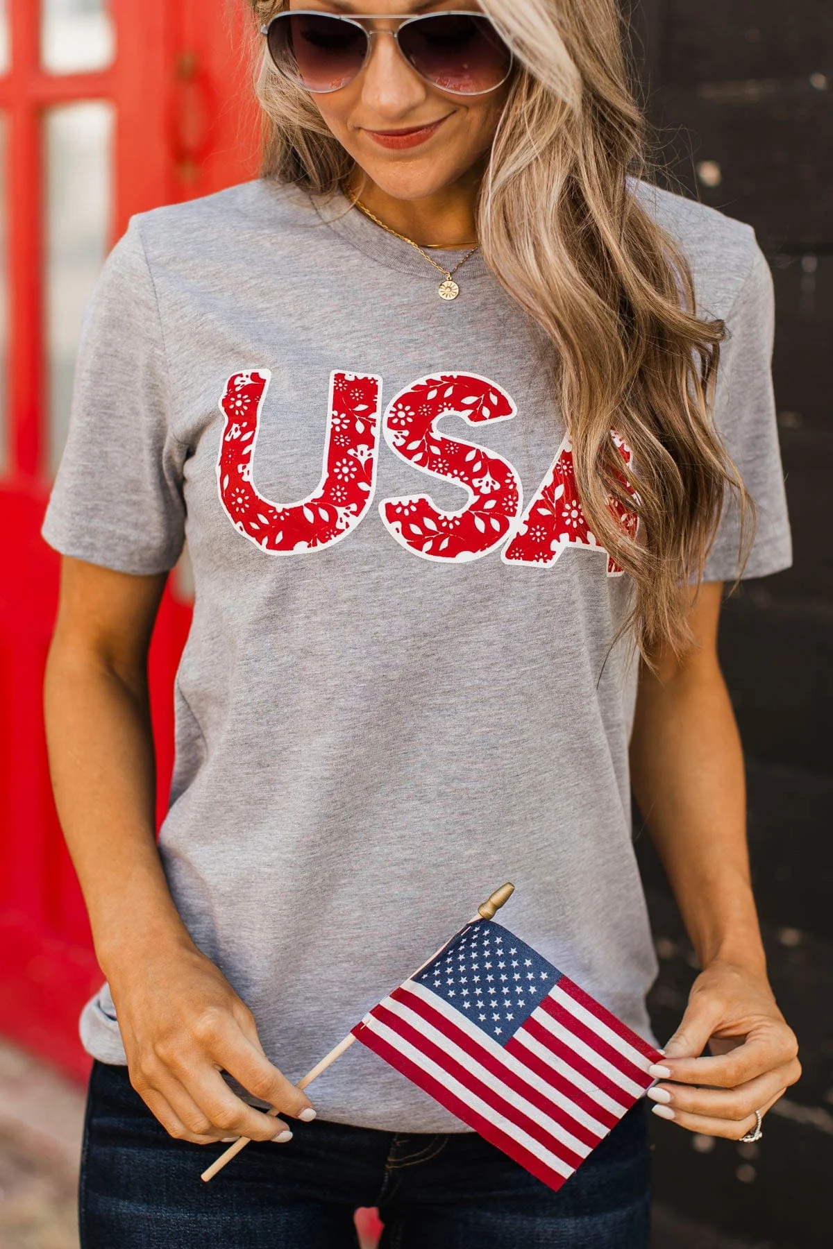 "USA" Floral Letter Graphic Tee- Heather Grey - Image 2
