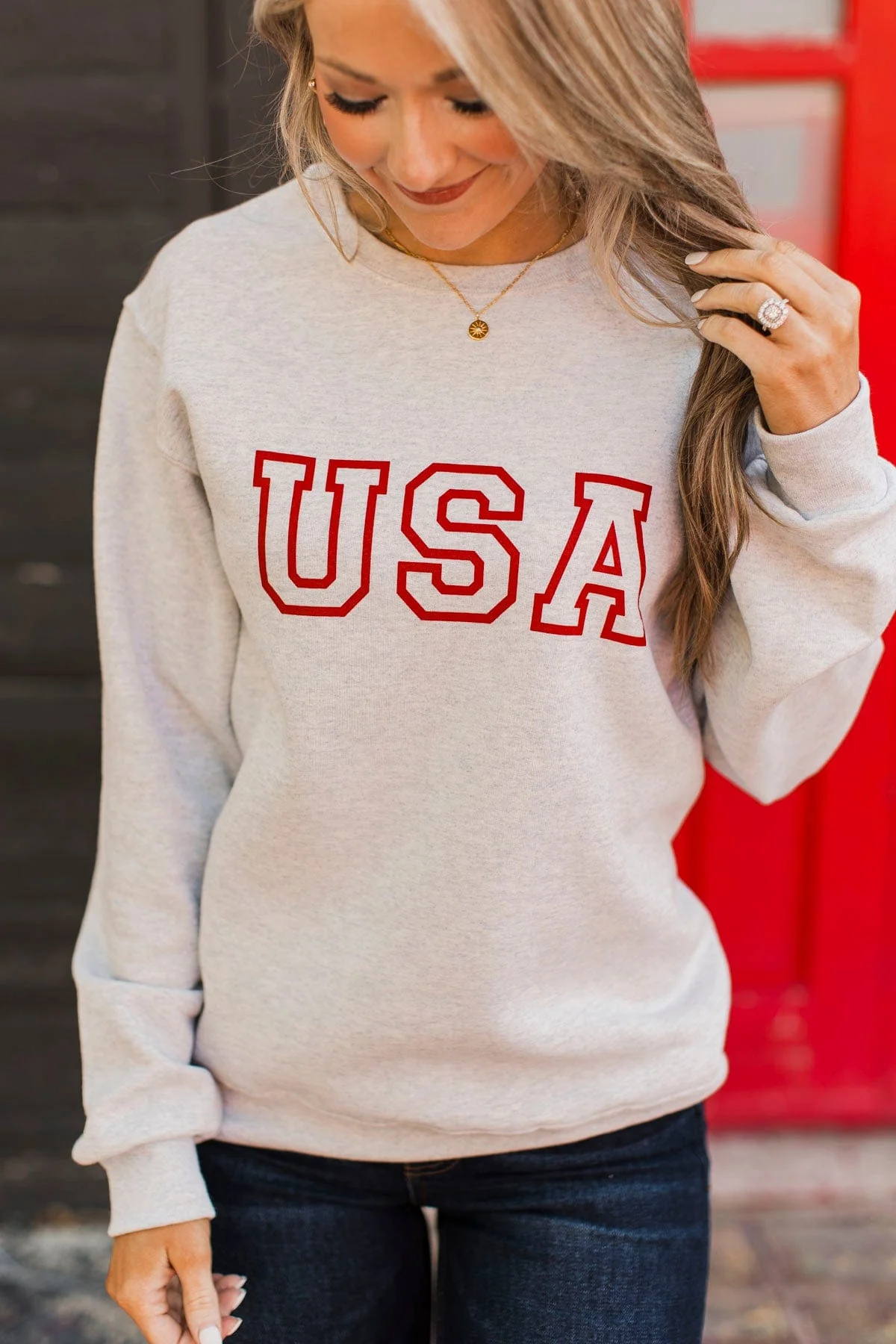 "USA" Graphic Crew Neck Pullover- Heather Oatmeal - Image 2