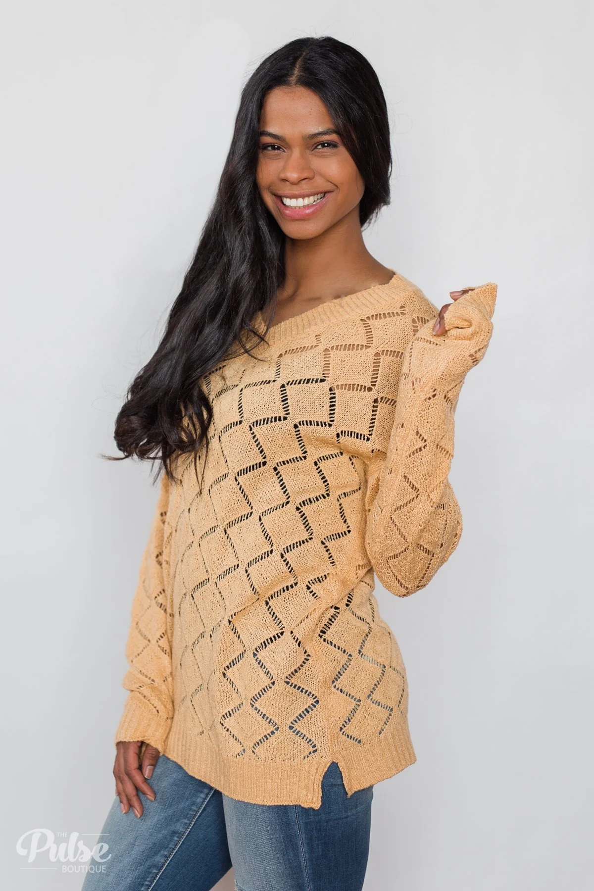 V-Neck Pointelle Knit Pullover - Mustard - Image 17