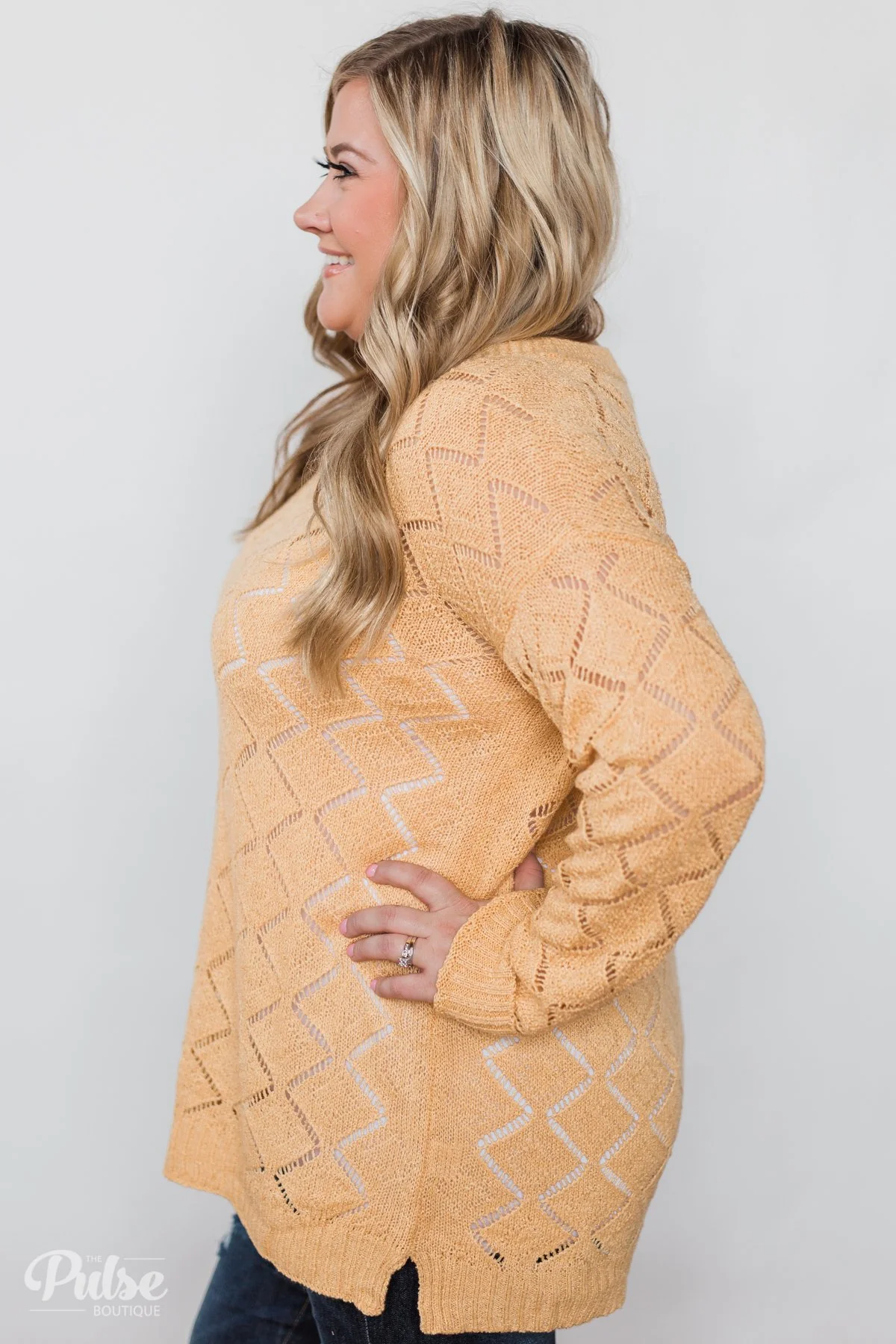 V-Neck Pointelle Knit Pullover - Mustard - Image 9