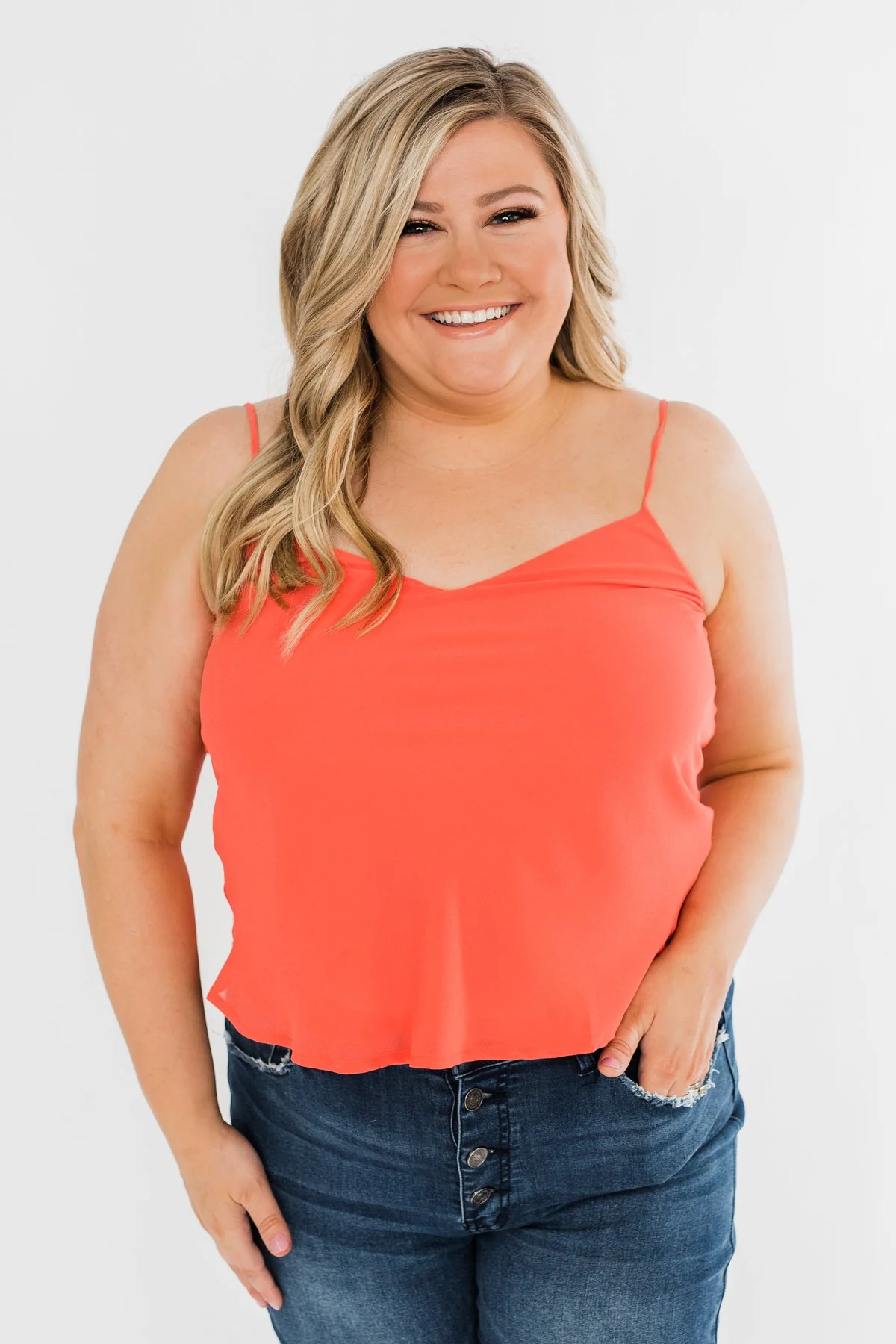 V-Neck Shift Tank Top- Vibrant Coral - Image 2