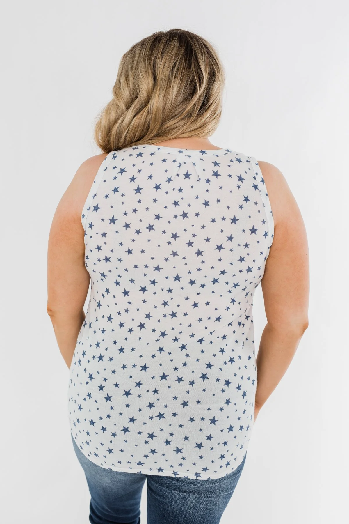 V-Neck Star Print Tank Top- Ivory & Navy - Image 10