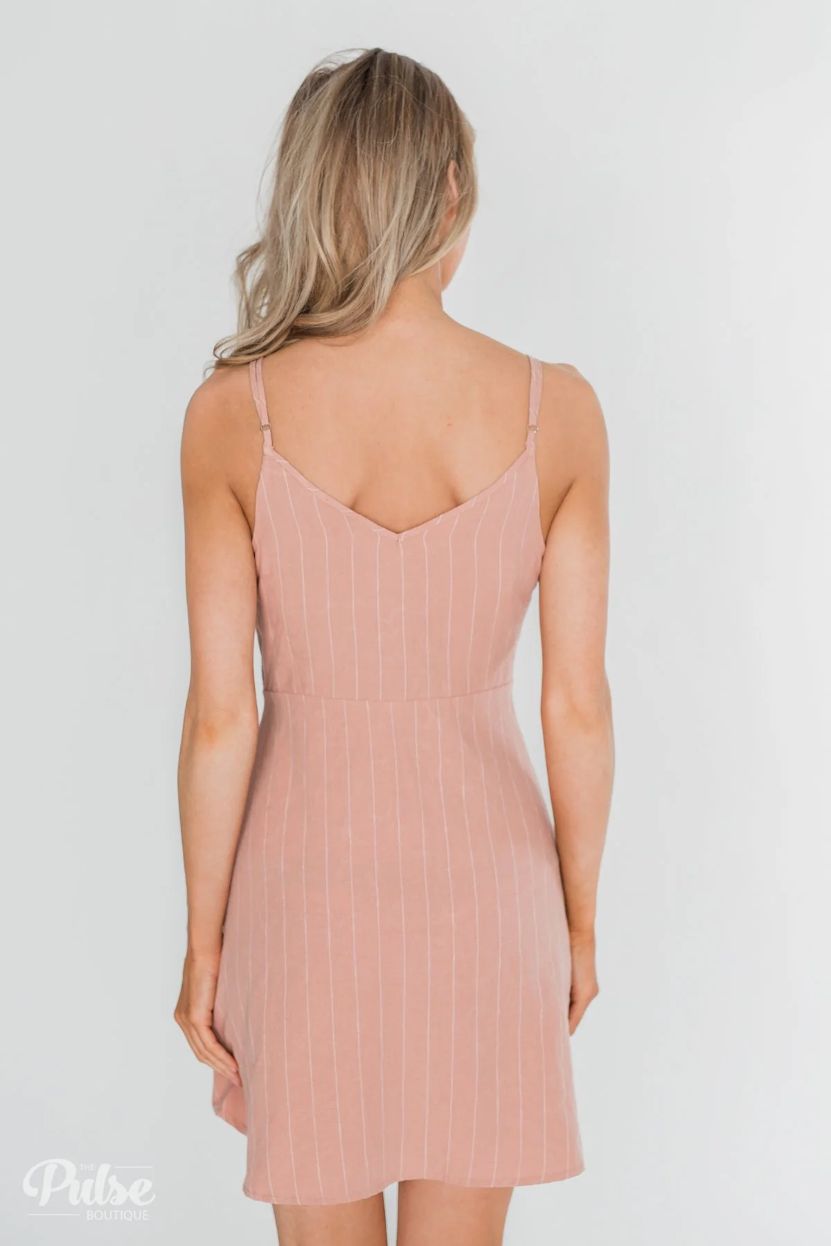 V-Neck Striped Button Dress- Dusty Rose - Image 9