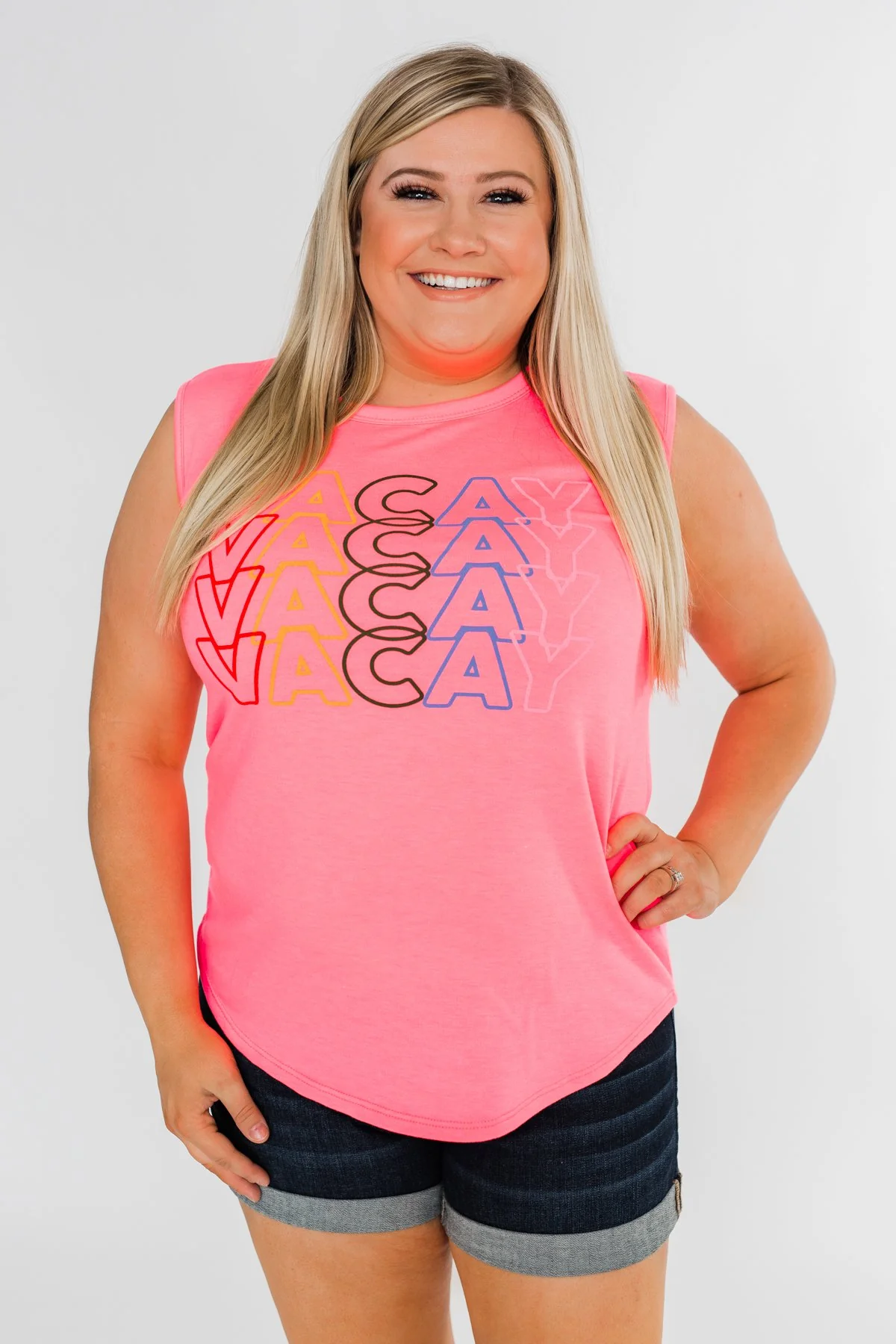 "Vacay" Graphic Tank Top- Neon Pink - Image 3