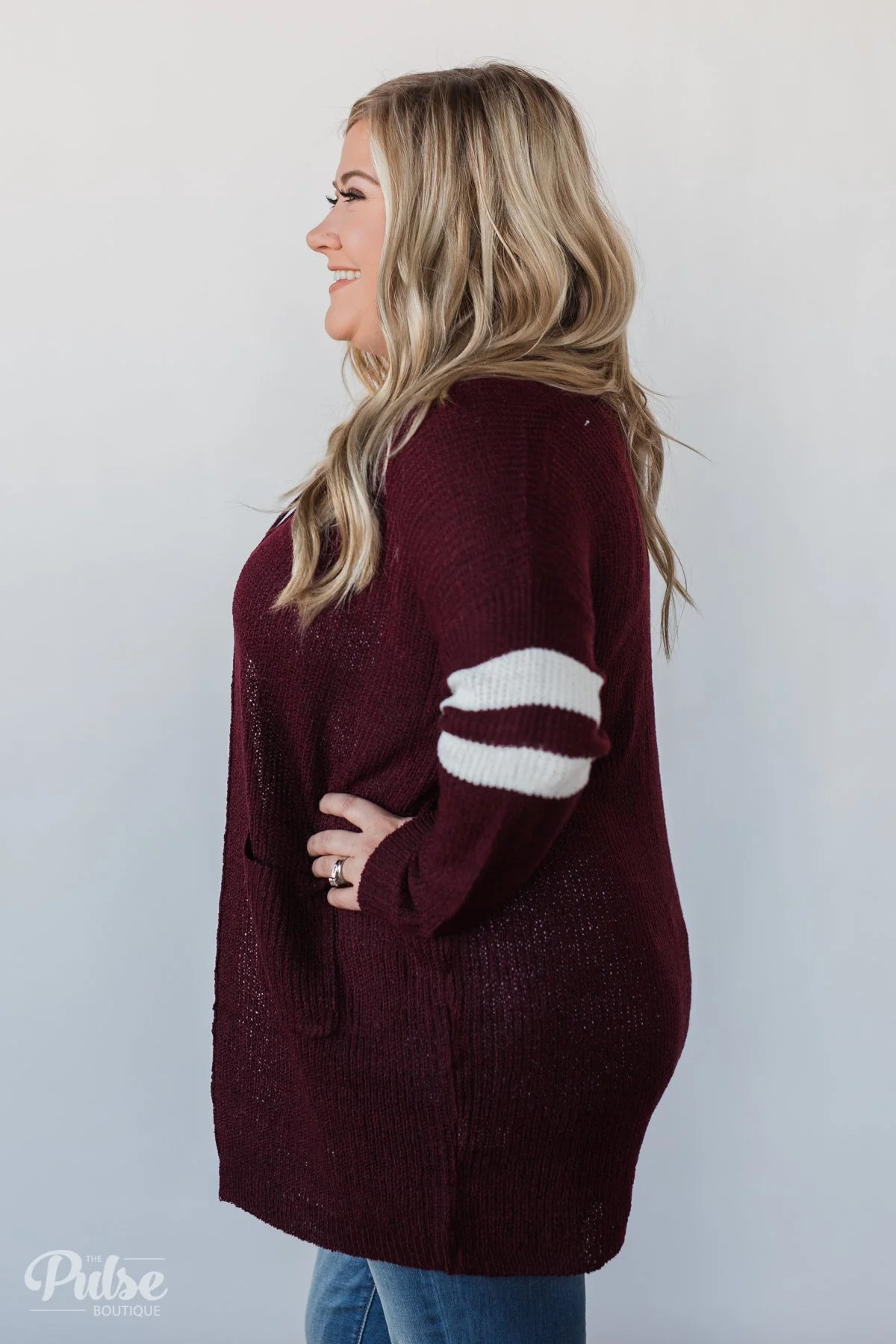 Varsity Stripe Knitted Cardigan- Burgundy - Image 11