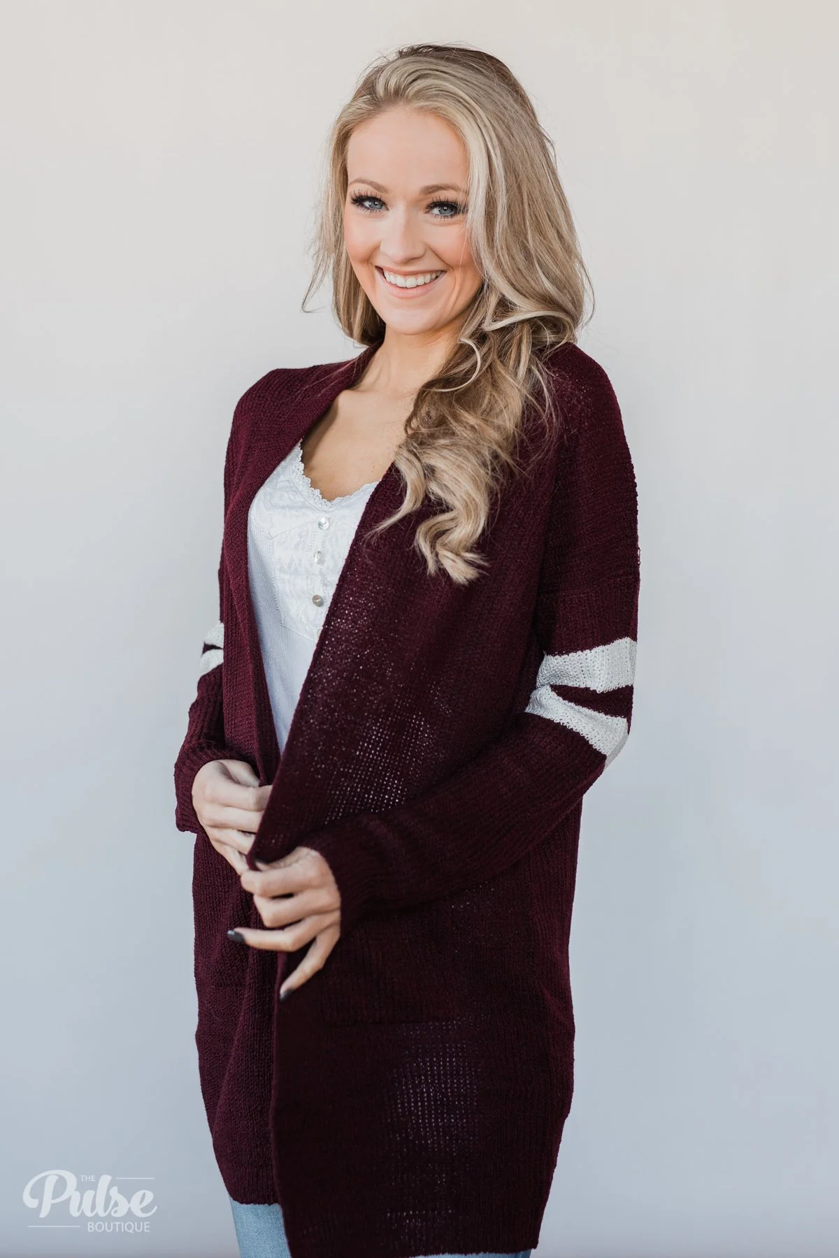 Varsity Stripe Knitted Cardigan- Burgundy - Image 5