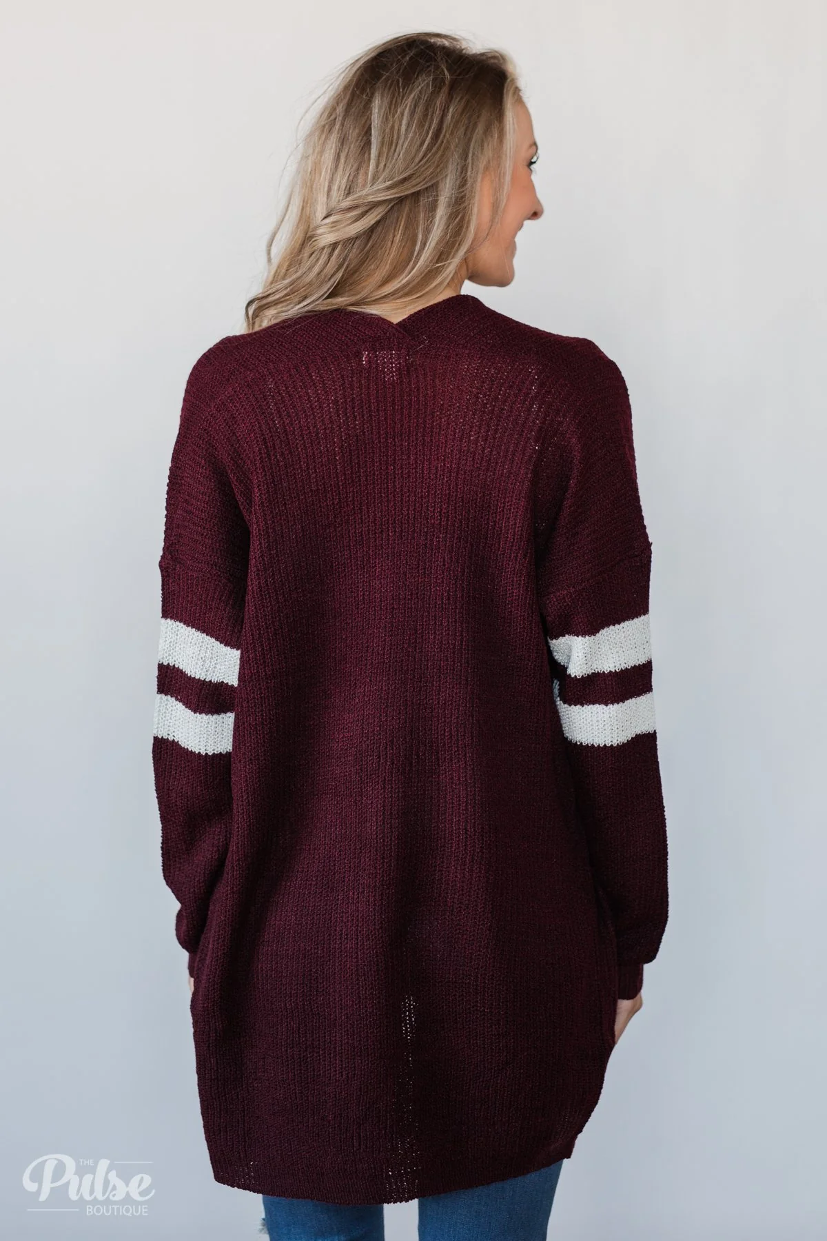 Varsity Stripe Knitted Cardigan- Burgundy - Image 8