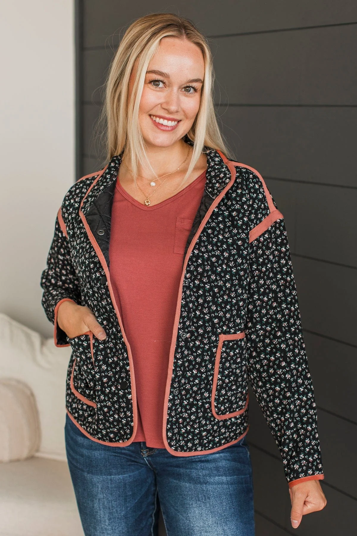 Venturing Out Floral Quilted Jacket- Black - Image 3