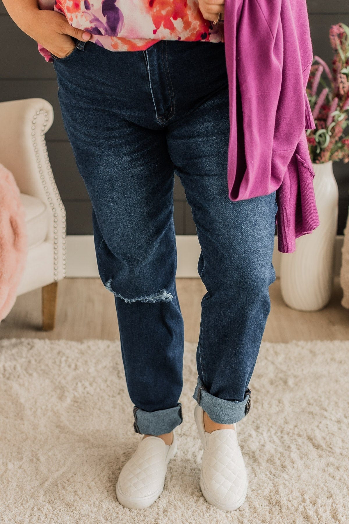 Vervet Roll Up Stretch Mom Jeans- Raelynn Wash - Image 2