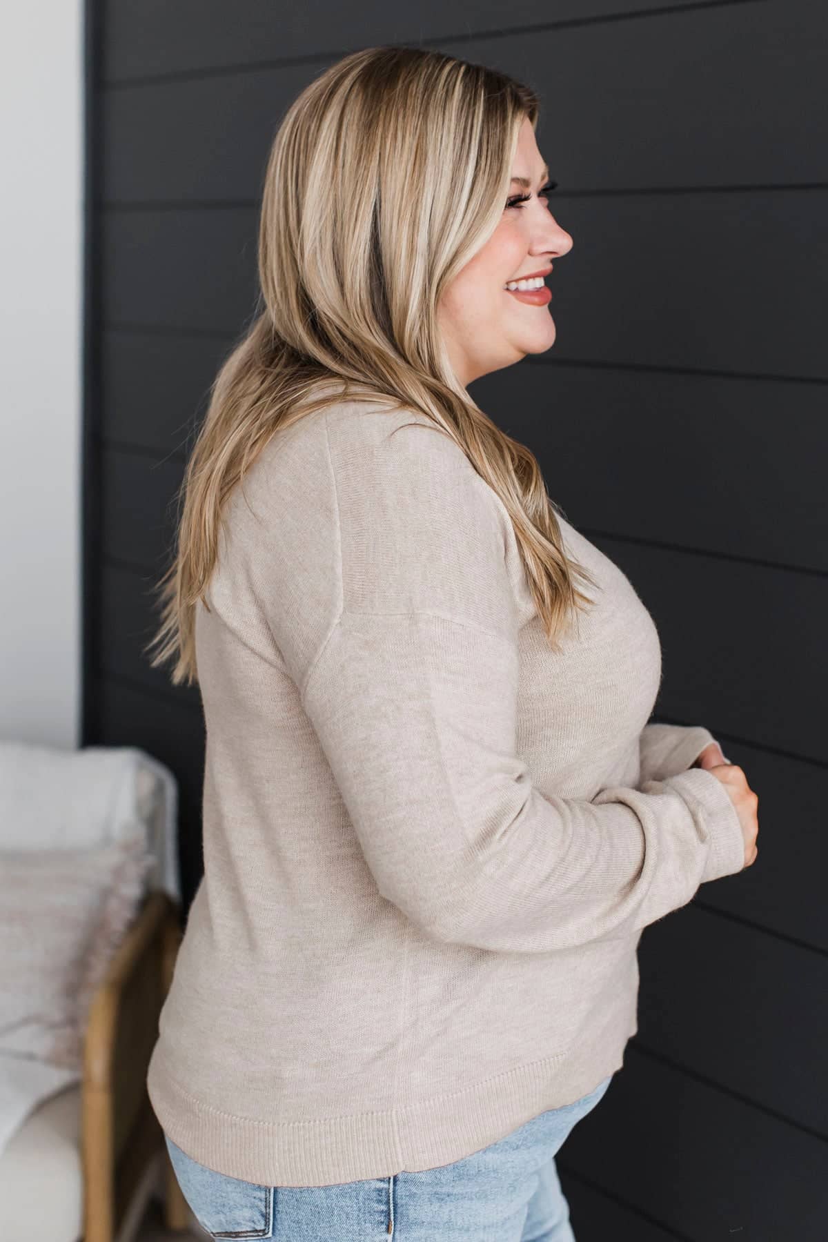 Very Enthusiastic Knit V-Neck Sweater- Oatmeal - Image 6