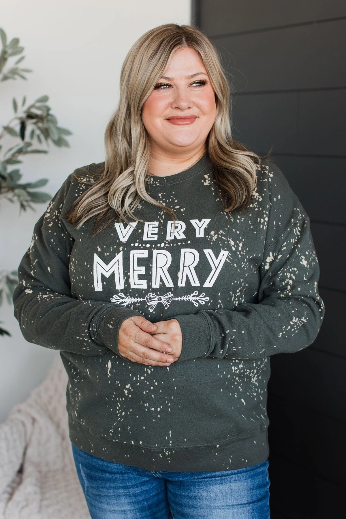 "Very Merry" Bleached Crew Neck- Dark Olive - Image 3