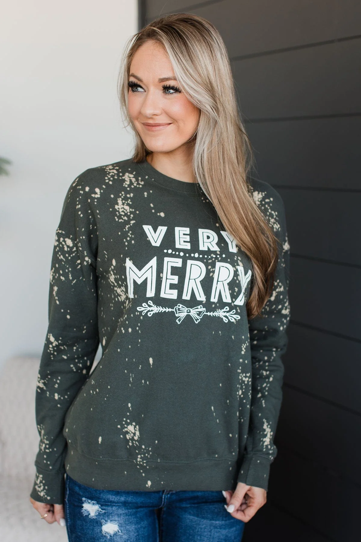 "Very Merry" Bleached Crew Neck- Dark Olive - Image 4