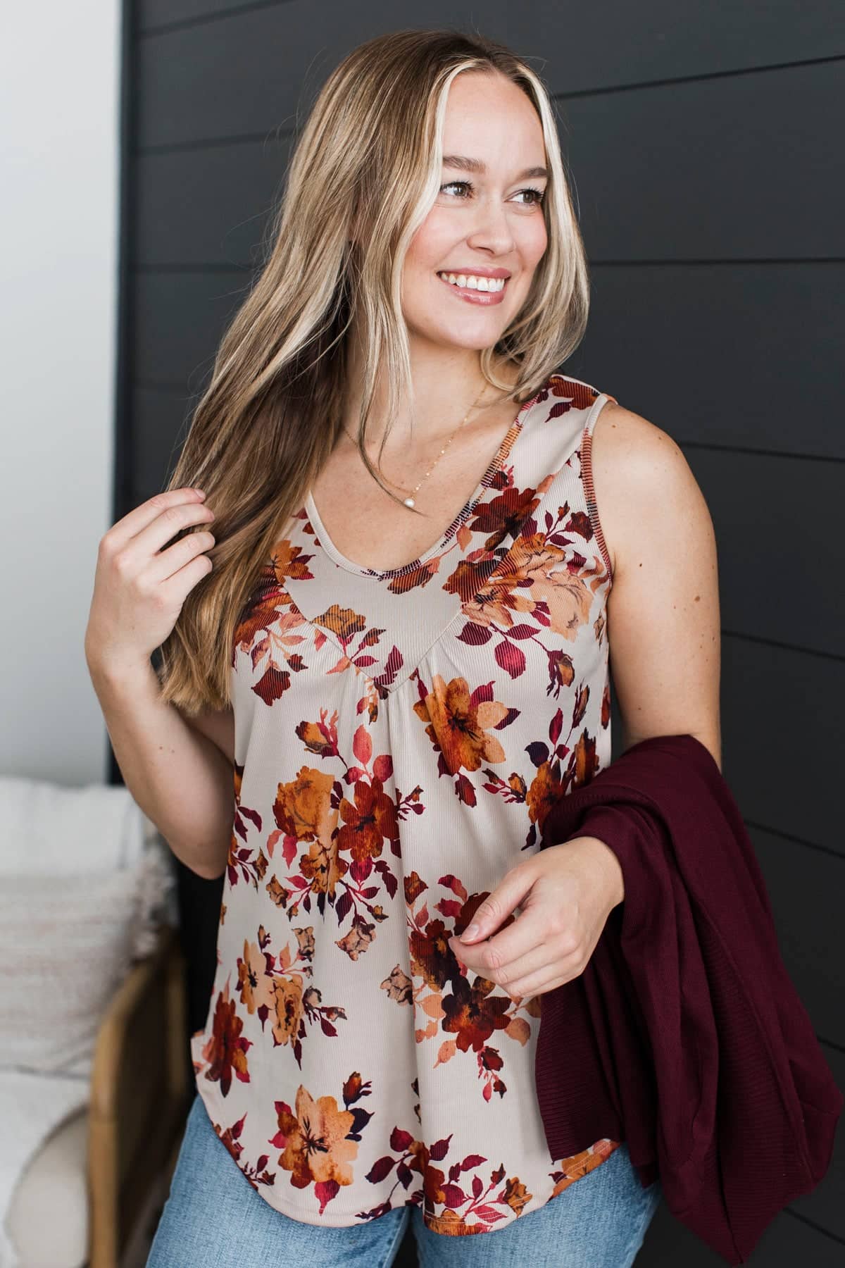 Very Tasteful V-Neck Floral Tank Top- Taupe