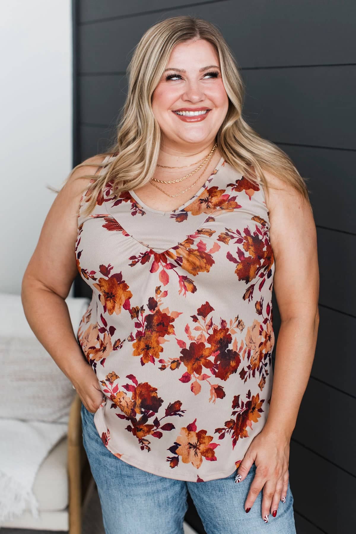 Very Tasteful V-Neck Floral Tank Top- Taupe - Image 2