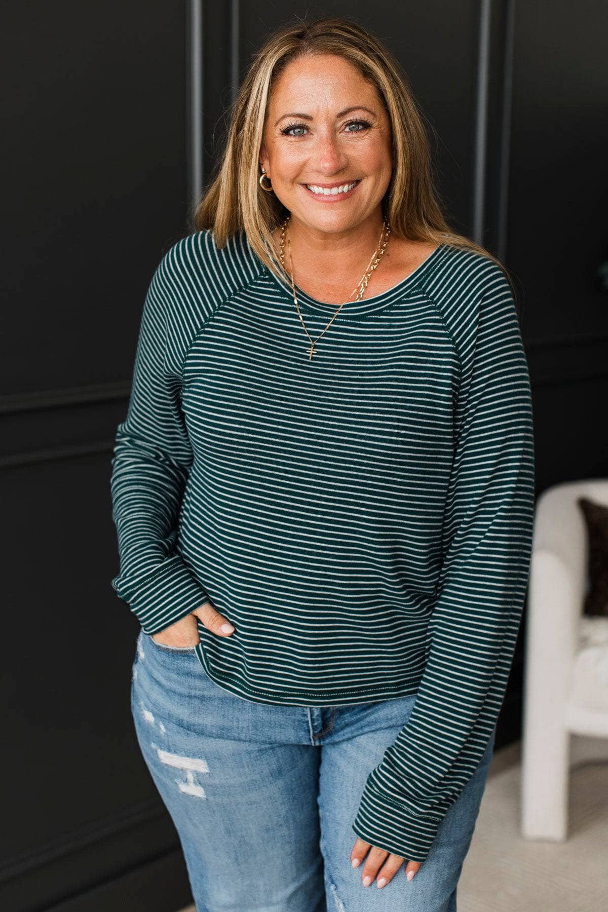 Vibrant Smiles Long Sleeve Striped Top- Dark Jade - Image 3