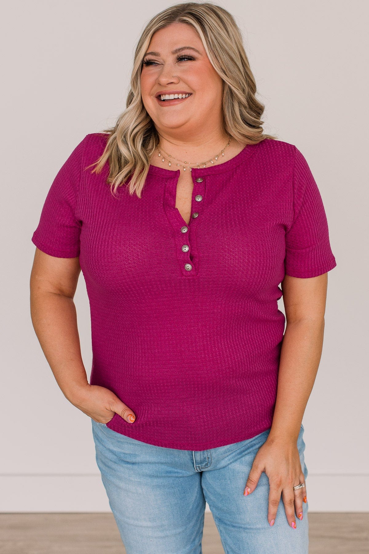 Vibrant Views Button Knit Top- Dark Fuchsia - Image 3