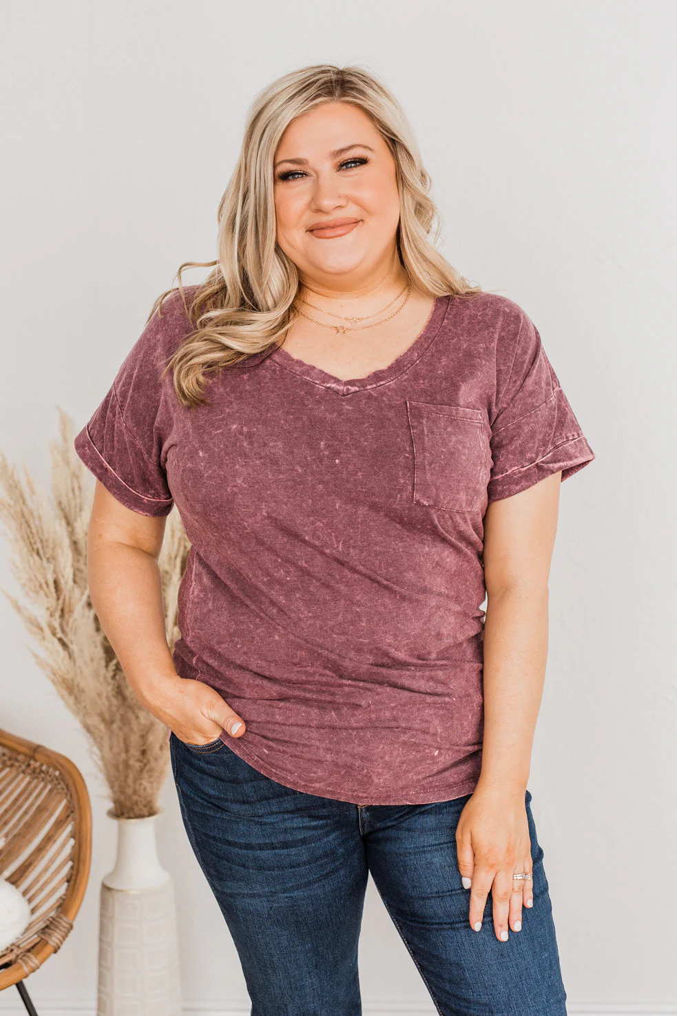 Vintage Love V-Neck Pocket Top- Burgundy - Image 2