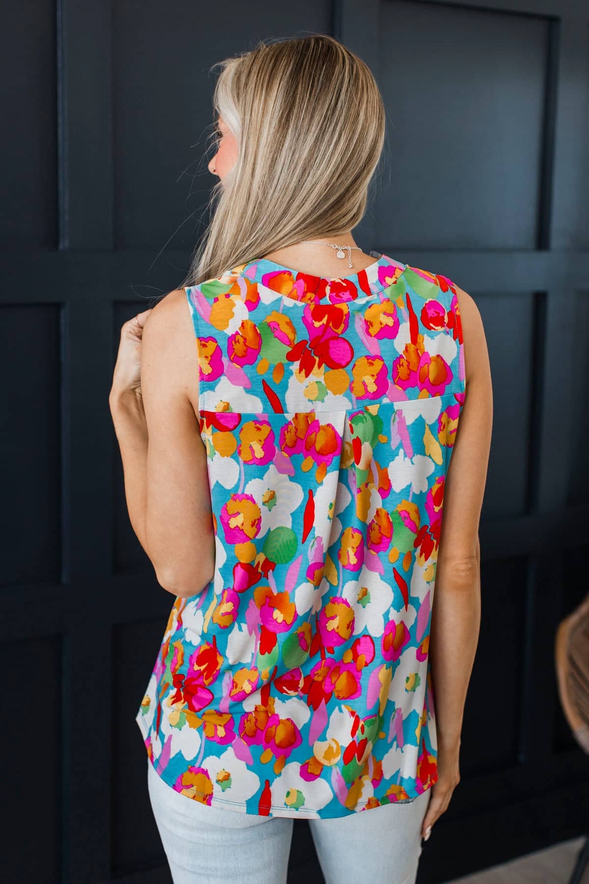 Vivid Imagination Floral V-Neck Tank Top- Aqua & Fuchsia - Image 8