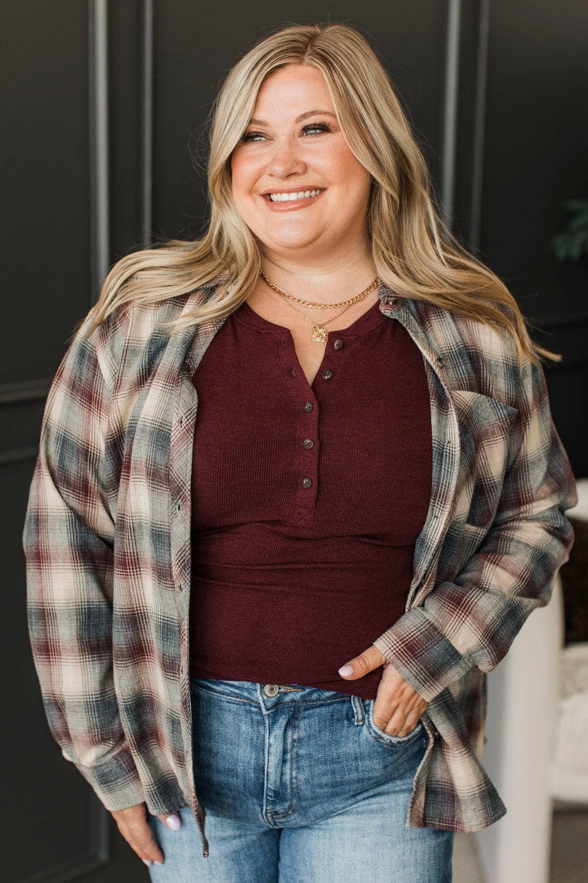 Voice Your Opinion Plaid Button Top- Heather Grey