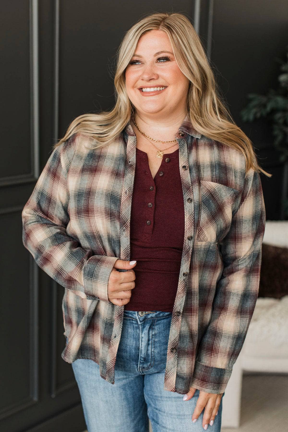Voice Your Opinion Plaid Button Top- Heather Grey - Image 3