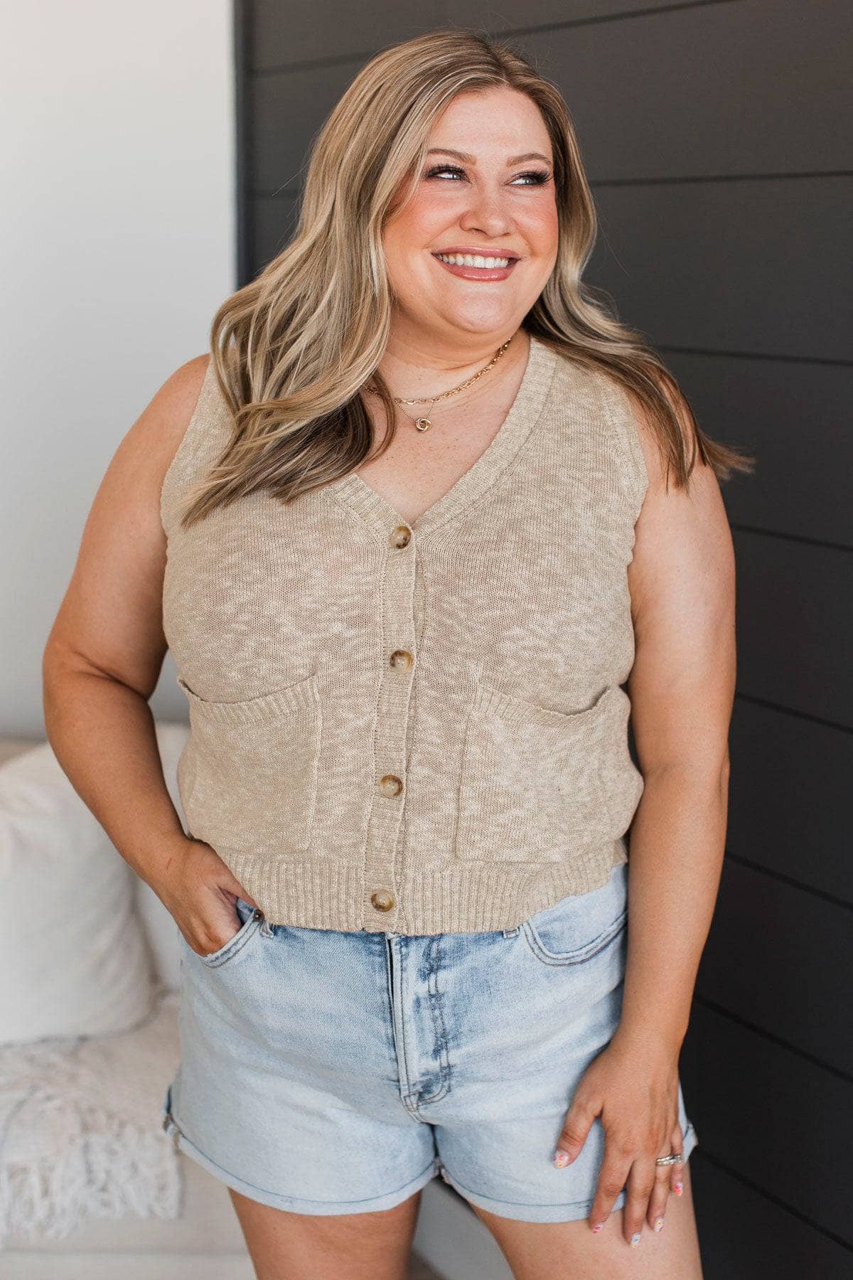 Vows of Love Knit Button Tank Top- Natural - Image 2