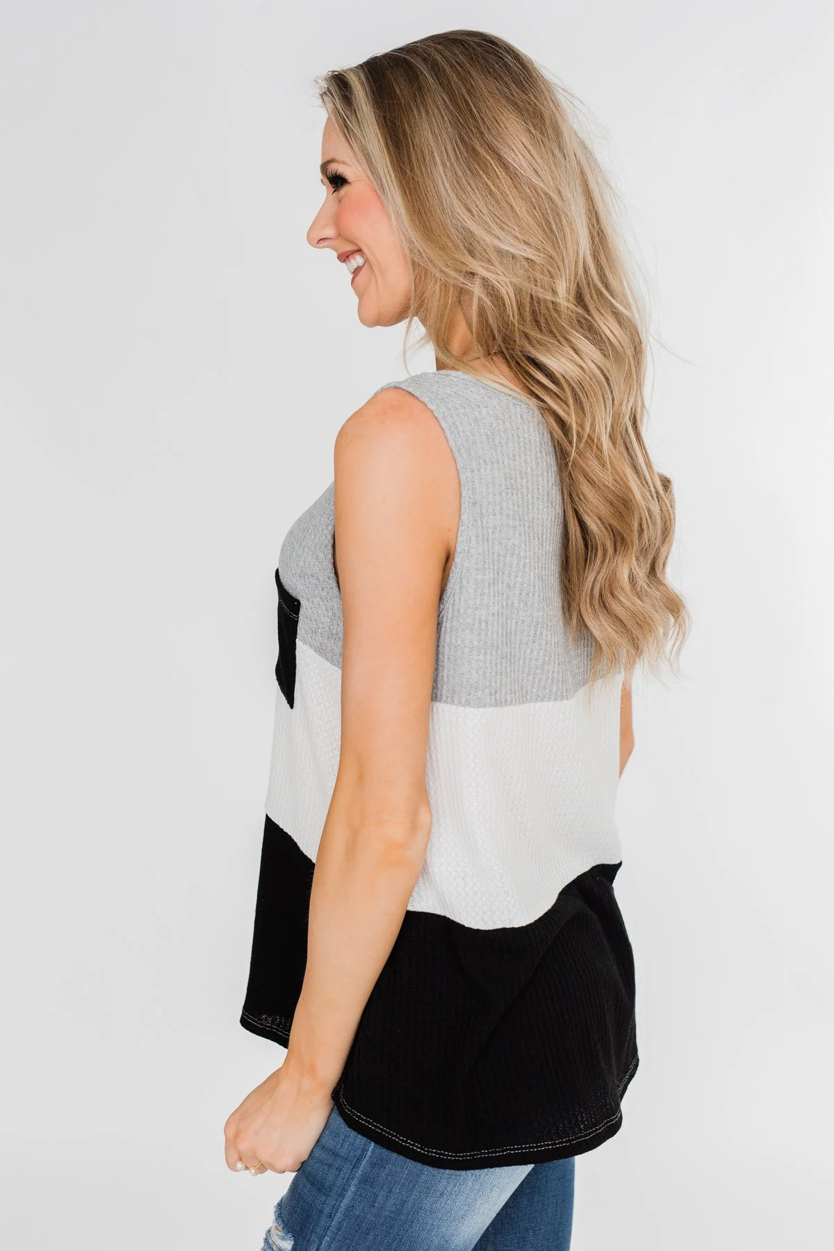 Waffle Knit Color Block Tank Top- Black, Grey, and White - Image 11
