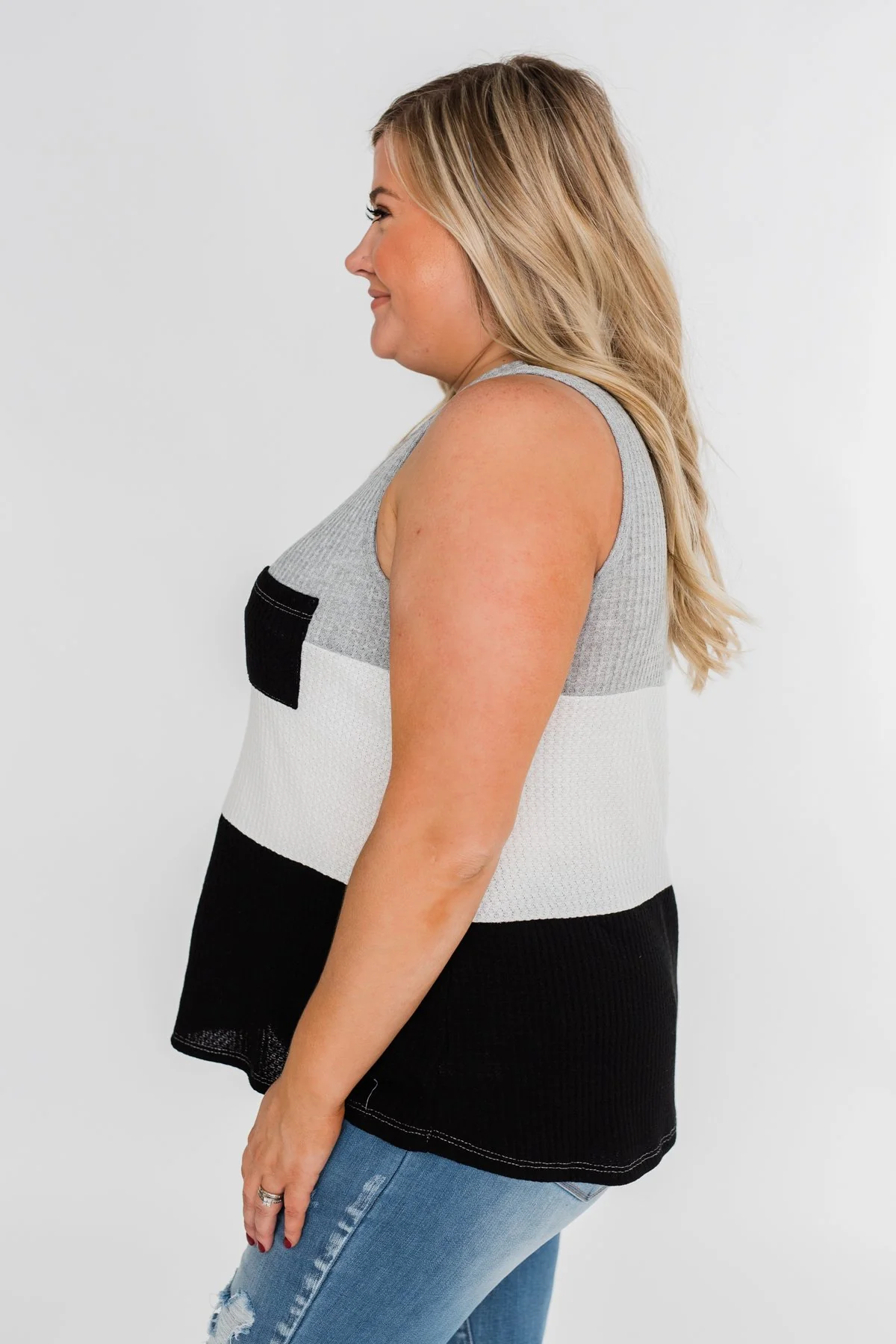 Waffle Knit Color Block Tank Top- Black, Grey, and White - Image 12