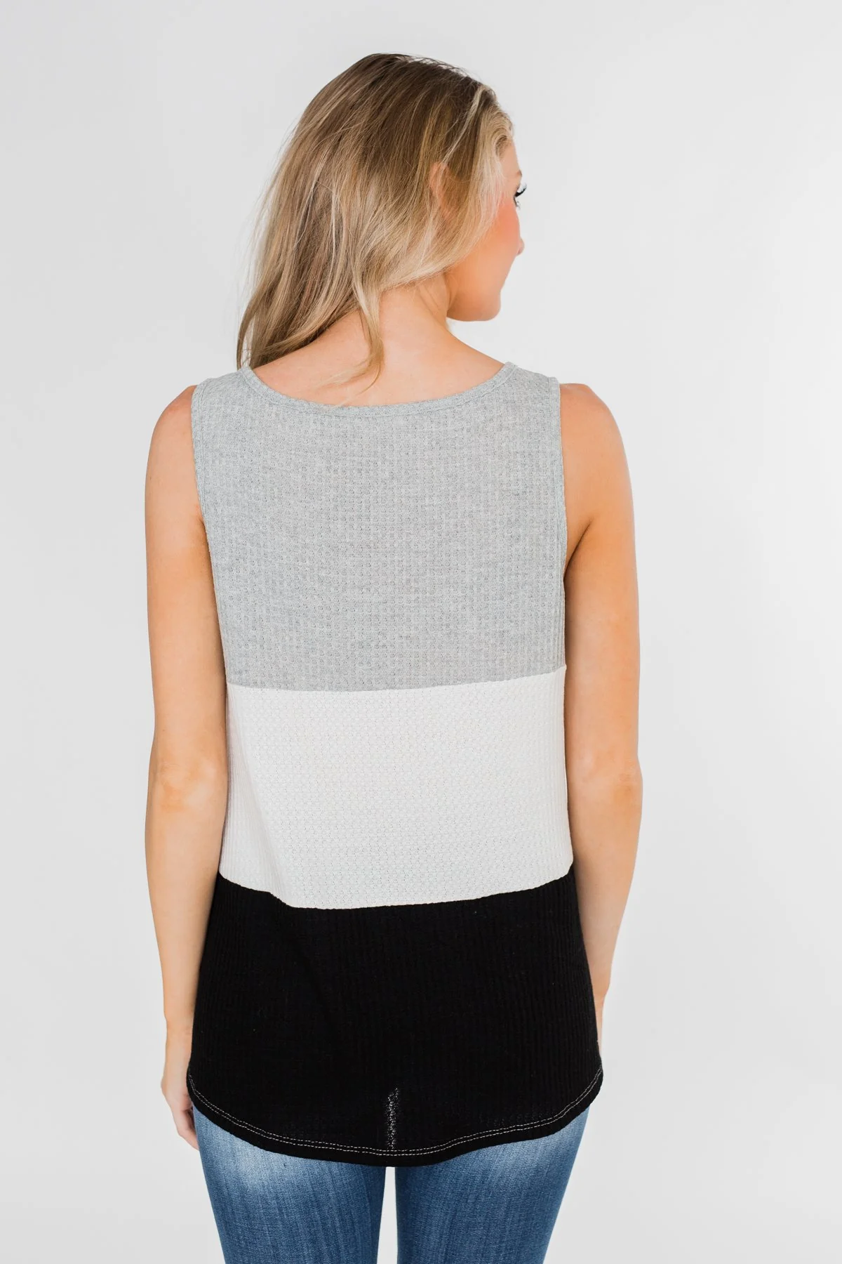 Waffle Knit Color Block Tank Top- Black, Grey, and White - Image 13