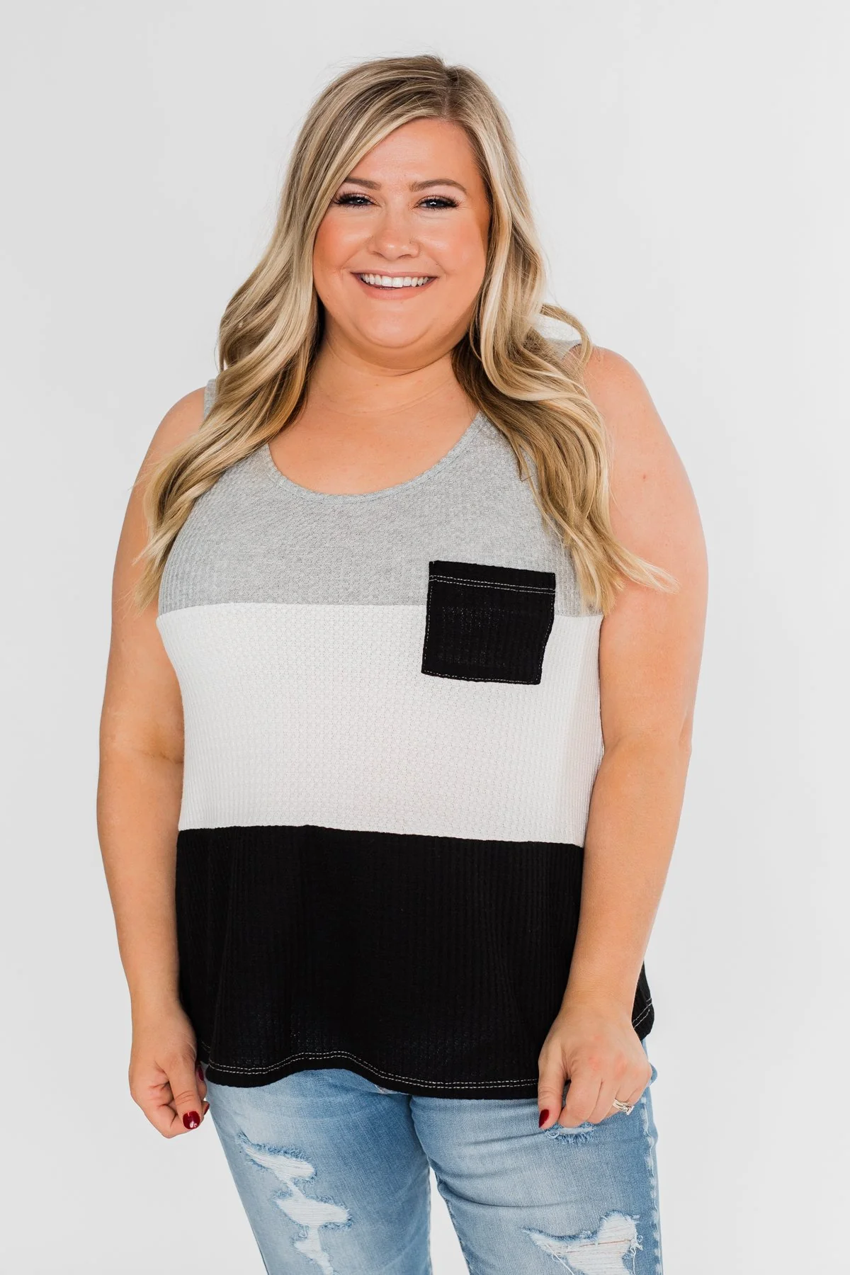 Waffle Knit Color Block Tank Top- Black, Grey, and White - Image 3
