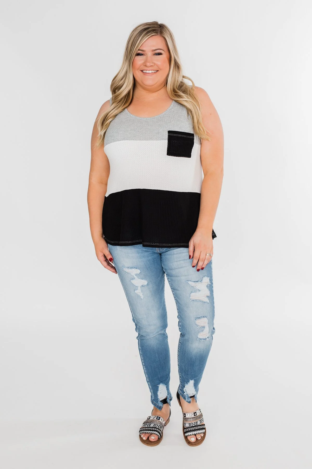 Waffle Knit Color Block Tank Top- Black, Grey, and White - Image 4