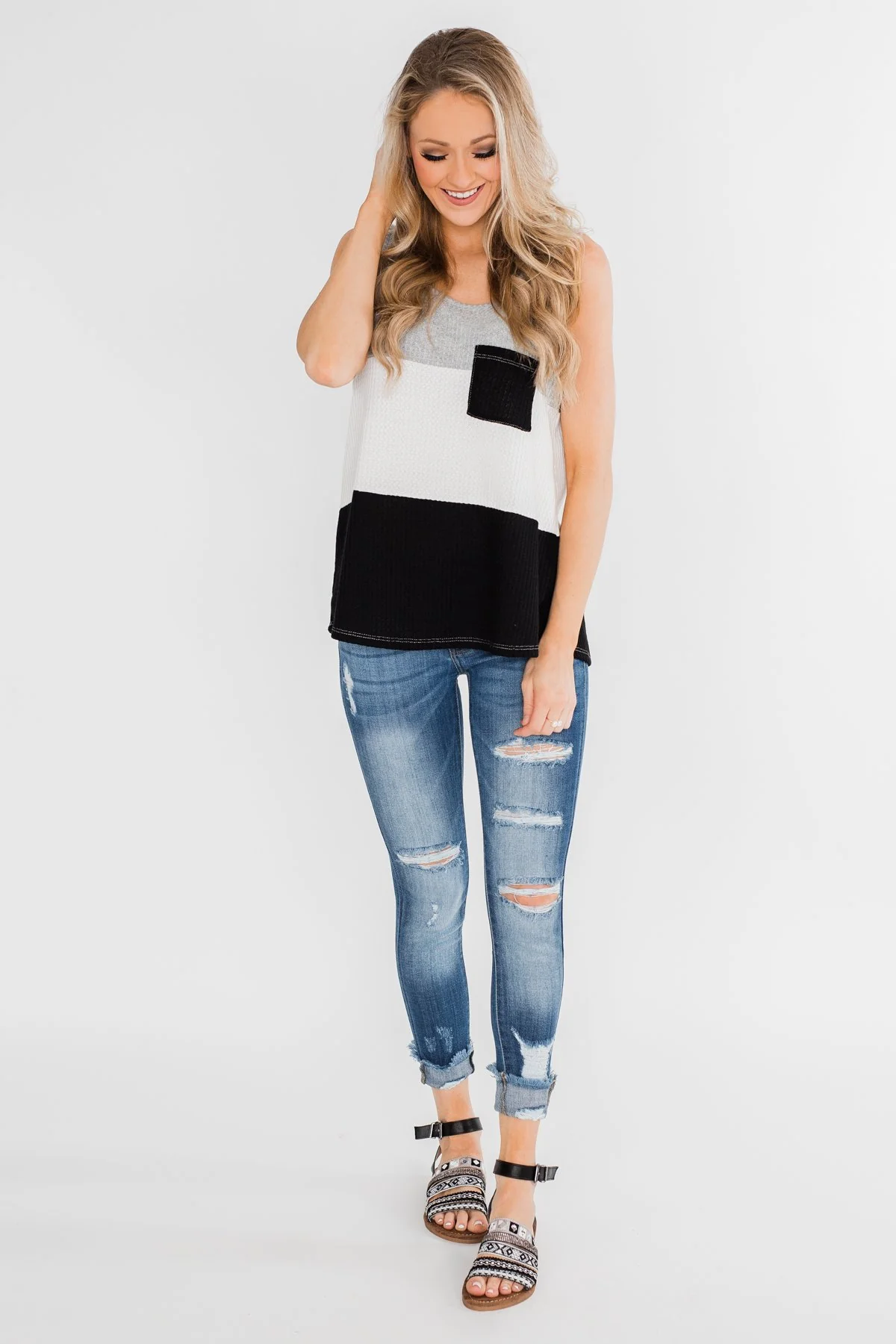 Waffle Knit Color Block Tank Top- Black, Grey, and White - Image 5