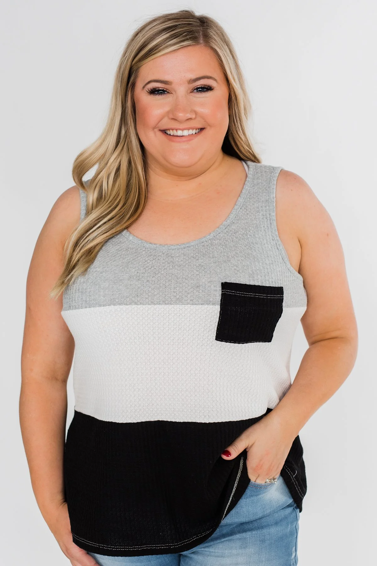 Waffle Knit Color Block Tank Top- Black, Grey, and White - Image 6
