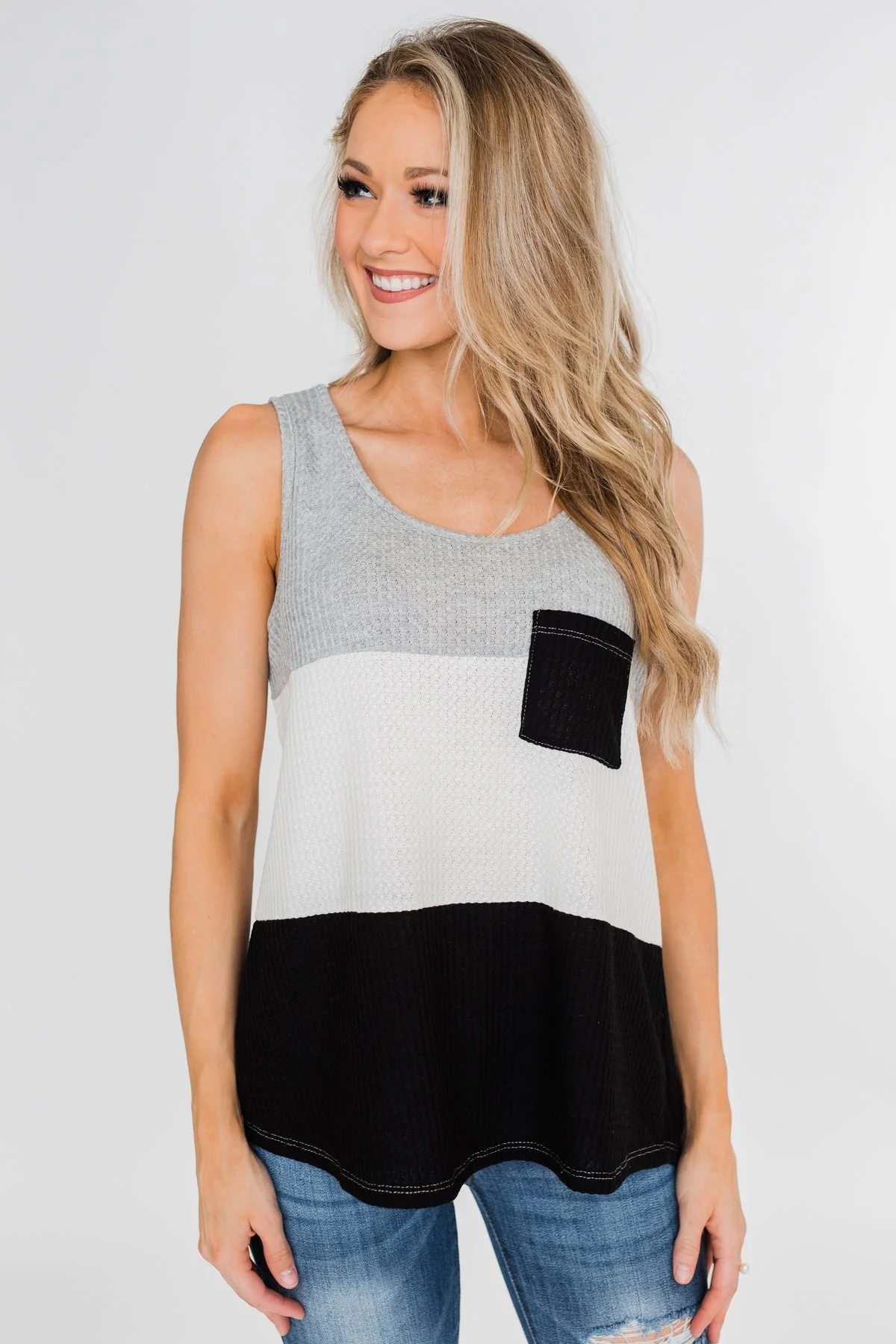 Waffle Knit Color Block Tank Top- Black, Grey, and White - Image 9
