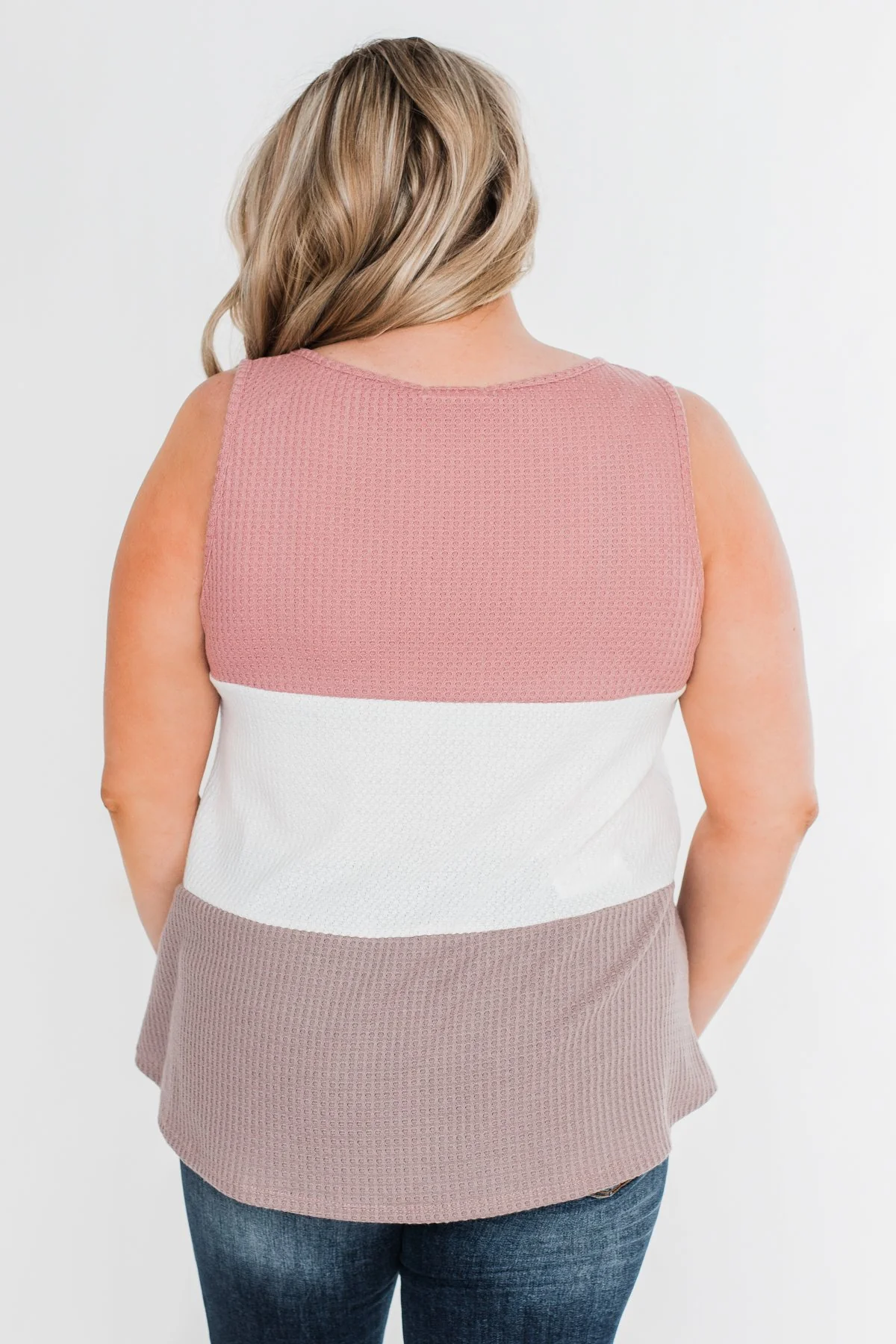 Waffle Knit Color Block Tank Top- Dusty Pink, Ivory, & Mocha - Image 10