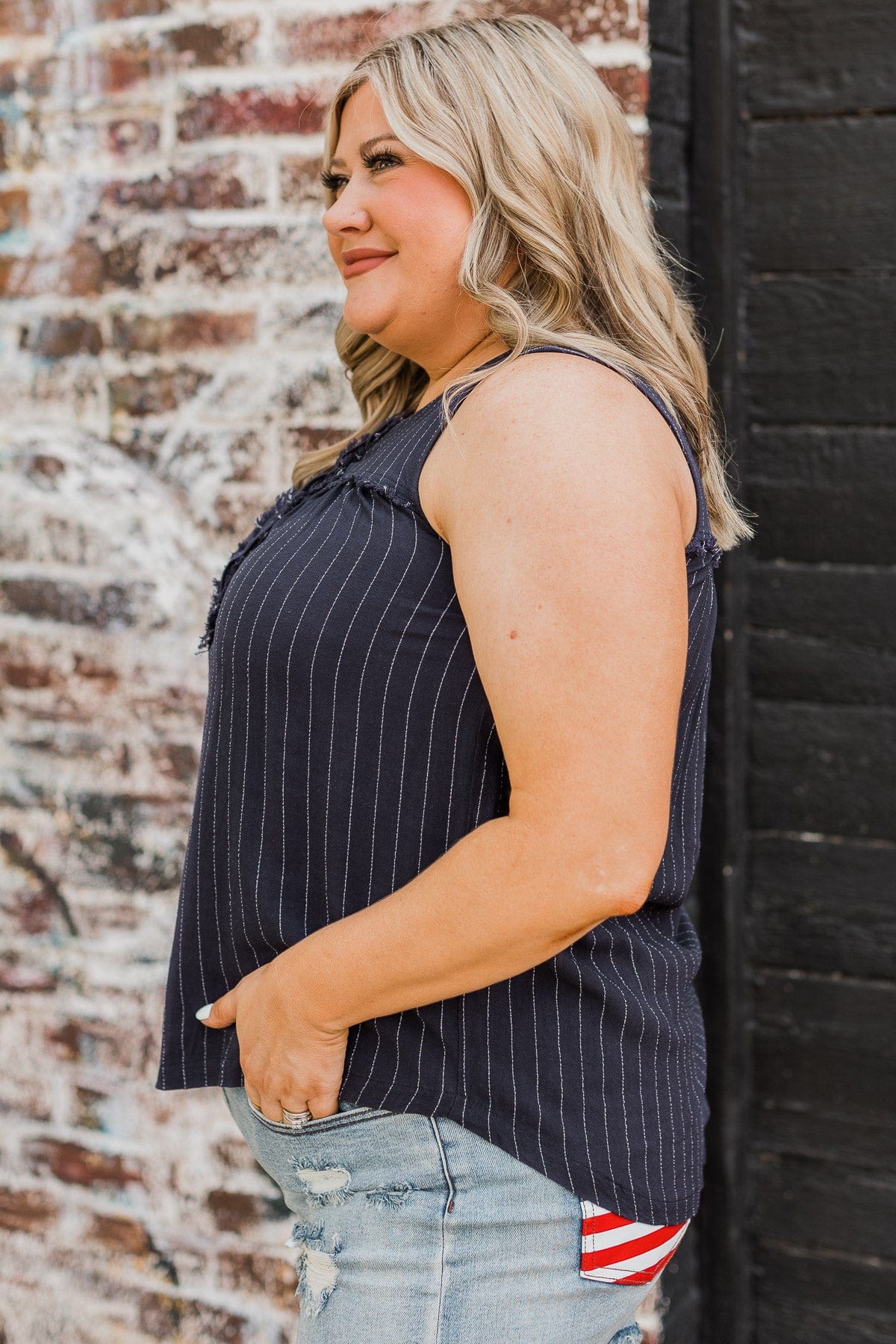 Wait For It Striped Tank Top- Navy - Image 5