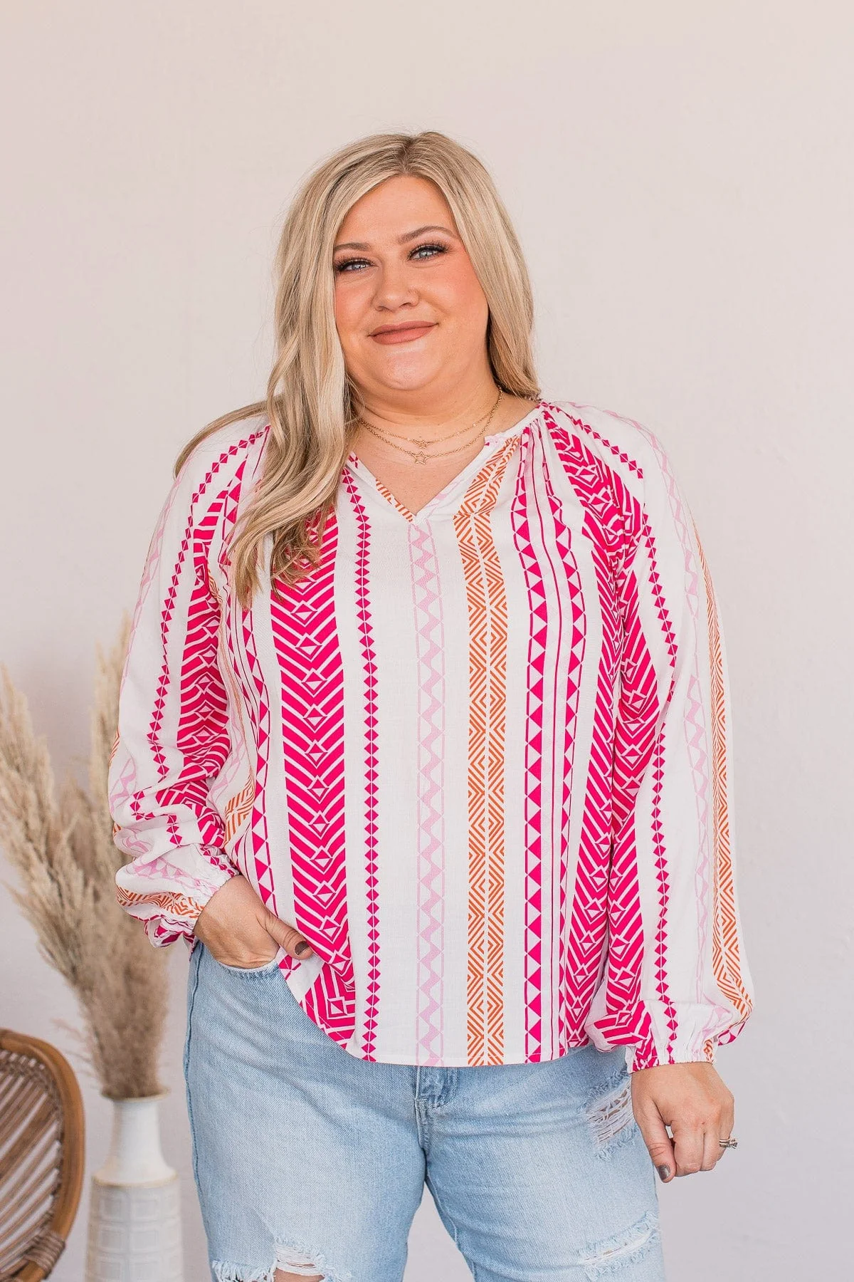 Wait For My Signal Geometric Print Top- Hot Pink - Image 3