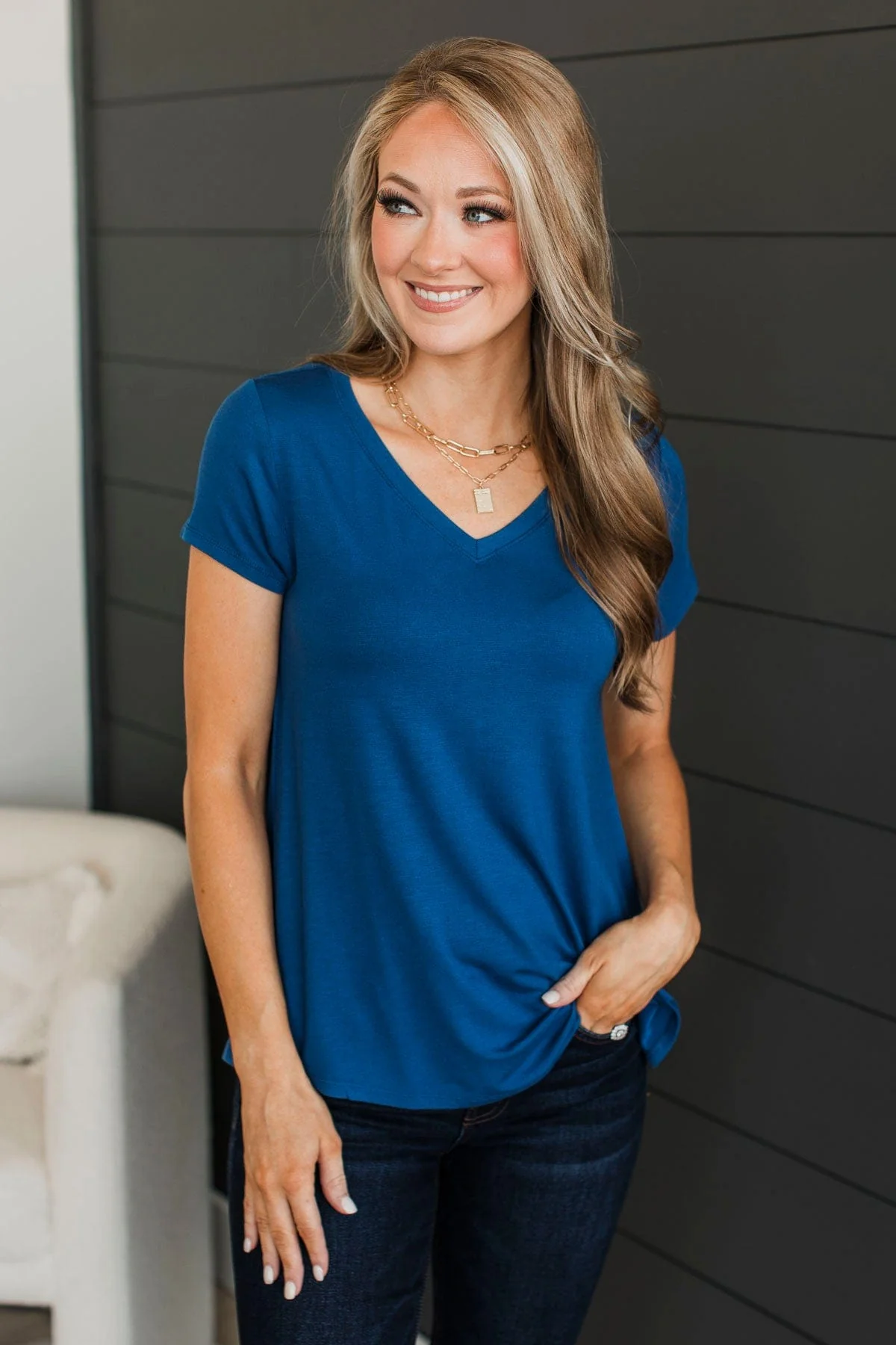 Waited So Long V-Neck Top- Light Navy - Image 2