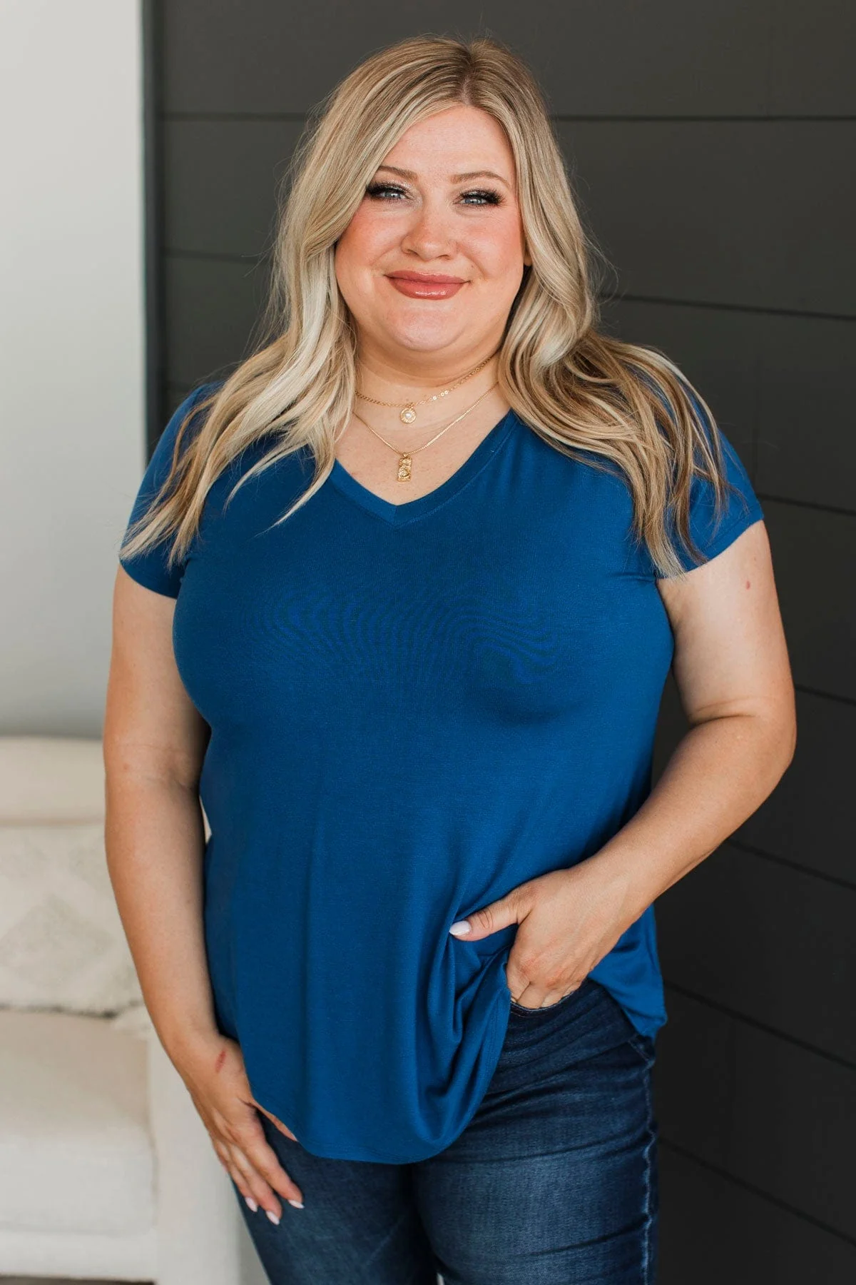 Waited So Long V-Neck Top- Light Navy - Image 3
