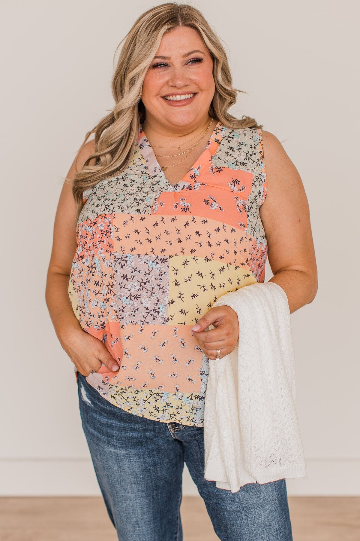 Waiting On Forever V-Neck Tank Top- Peach & Sage - Image 2