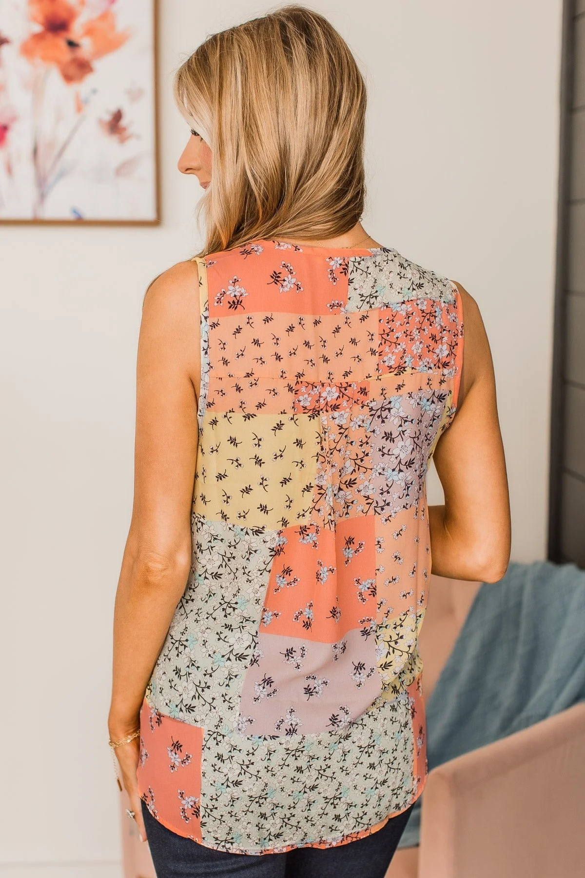 Waiting On Forever V-Neck Tank Top- Peach & Sage - Image 5