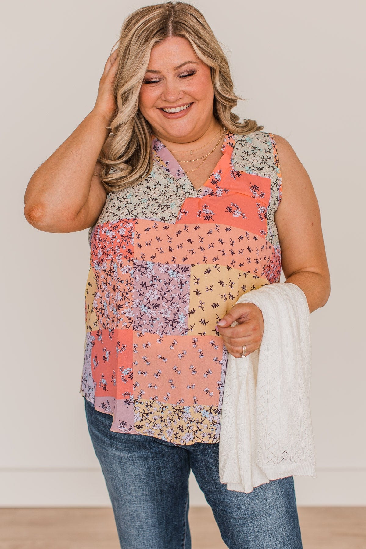 Waiting On Forever V-Neck Tank Top- Peach & Sage - Image 6