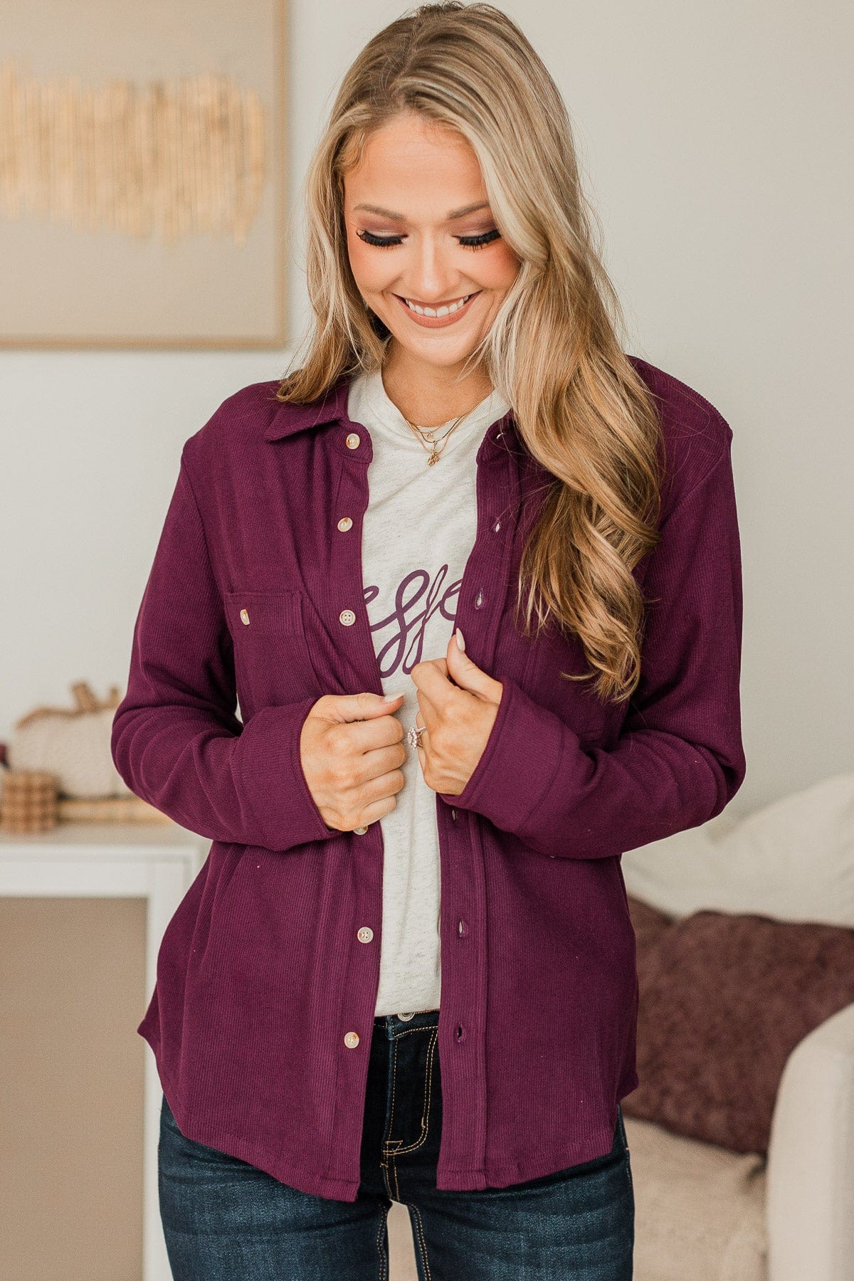 Waiting On You Knit Shirt Jacket- Plum - Image 6