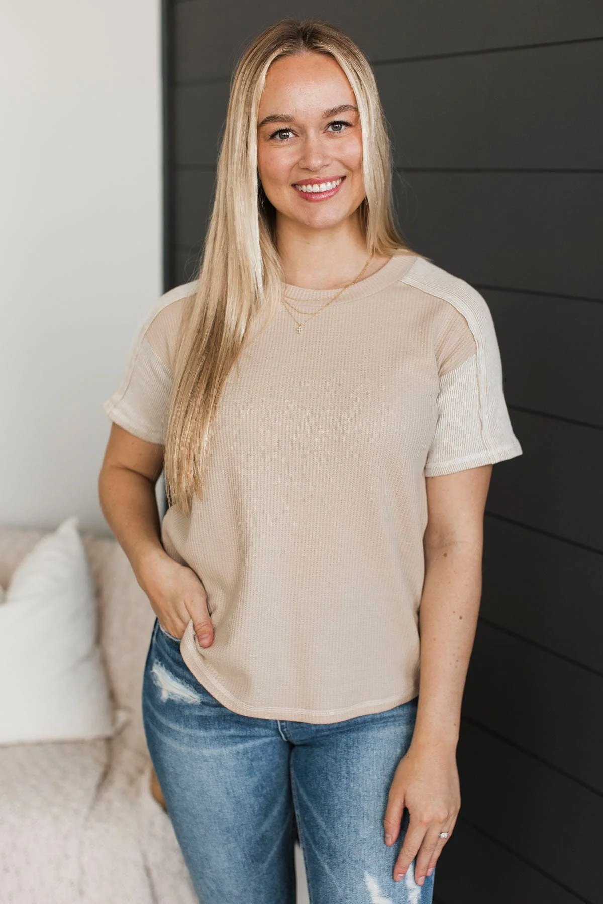 Waking Moments Short Sleeve Top- Beige - Image 2