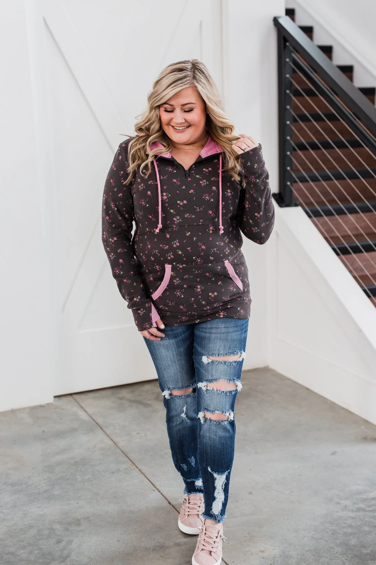 Walk In The Park Floral Drawstring Hoodie- Dusty Charcoal - Image 11