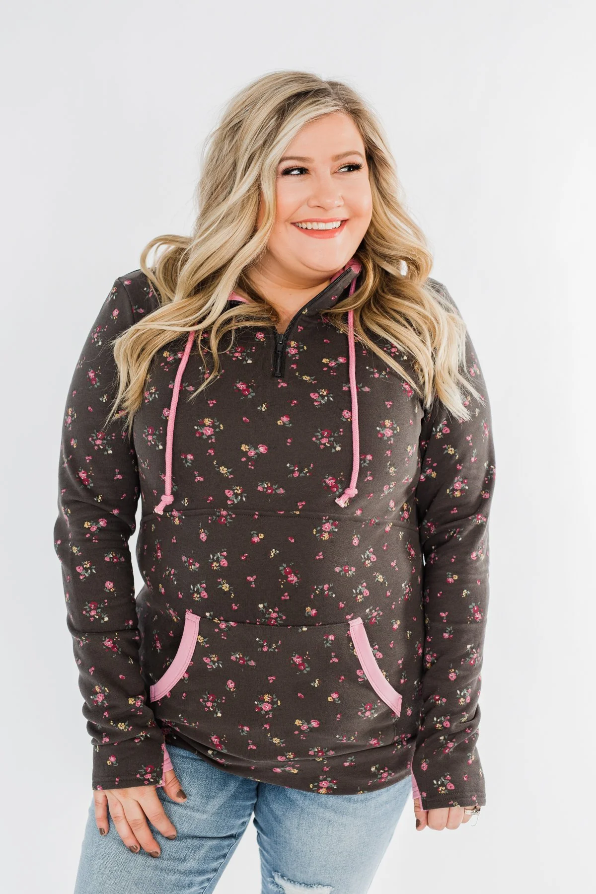 Walk In The Park Floral Drawstring Hoodie- Dusty Charcoal - Image 12